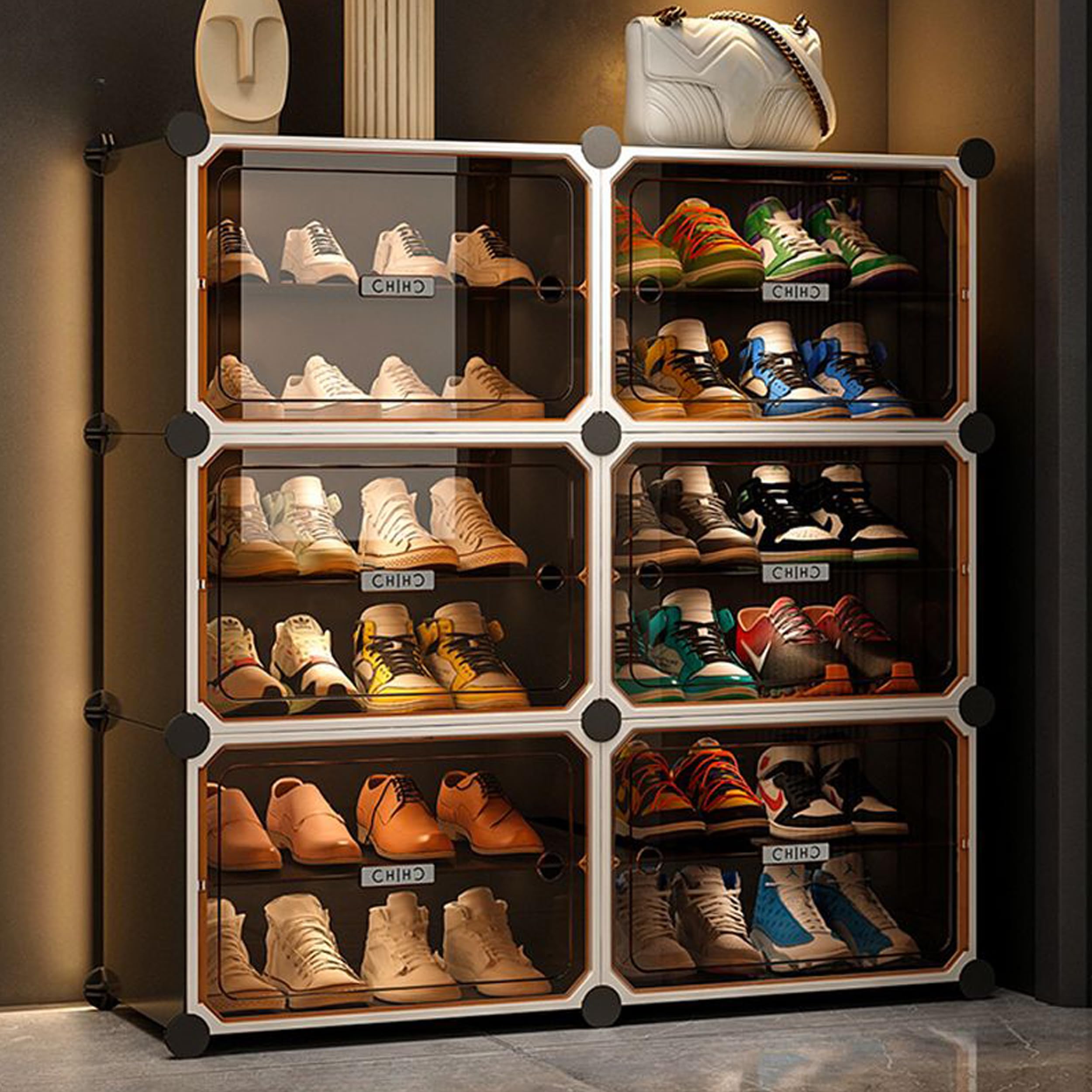 Zemic Plastic Shoe Rack for Home | 𝟏𝟔 𝐒𝐡𝐞𝐥𝐟 DIY Shoe Rack with Door 𝐌𝐚𝐠𝐧𝐞𝐭𝐬 for Home Storage Plastic Box Organizer, Metal Door Frame, Chappal Slipper Sandals Stand【Grey, 12-SHELF-6-DOOR】