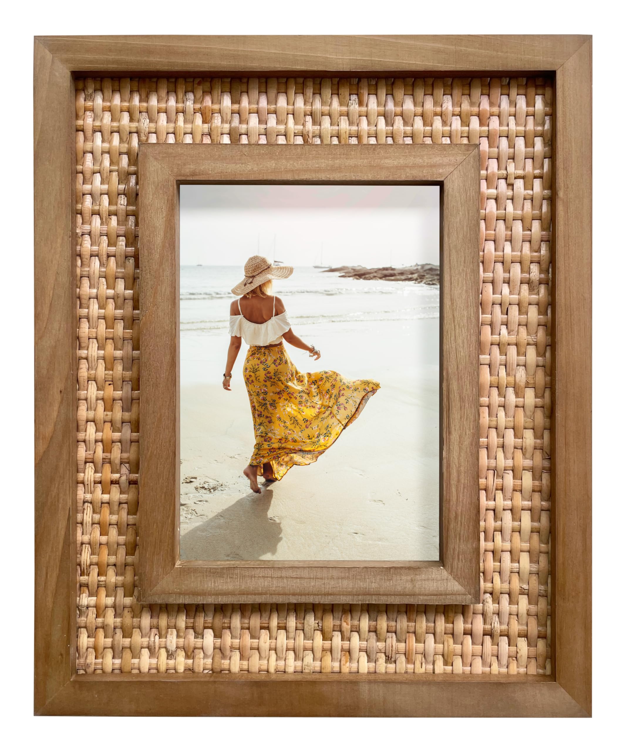 Handwoven Rattan & Solid Wood Picture Frame for 5x7 Photo or Artwork - Rustic Picture Frames, Wicker Wall Decor, Coastal, Beach, or Tropical Style, All Natural Wood & Seagrass - Brown