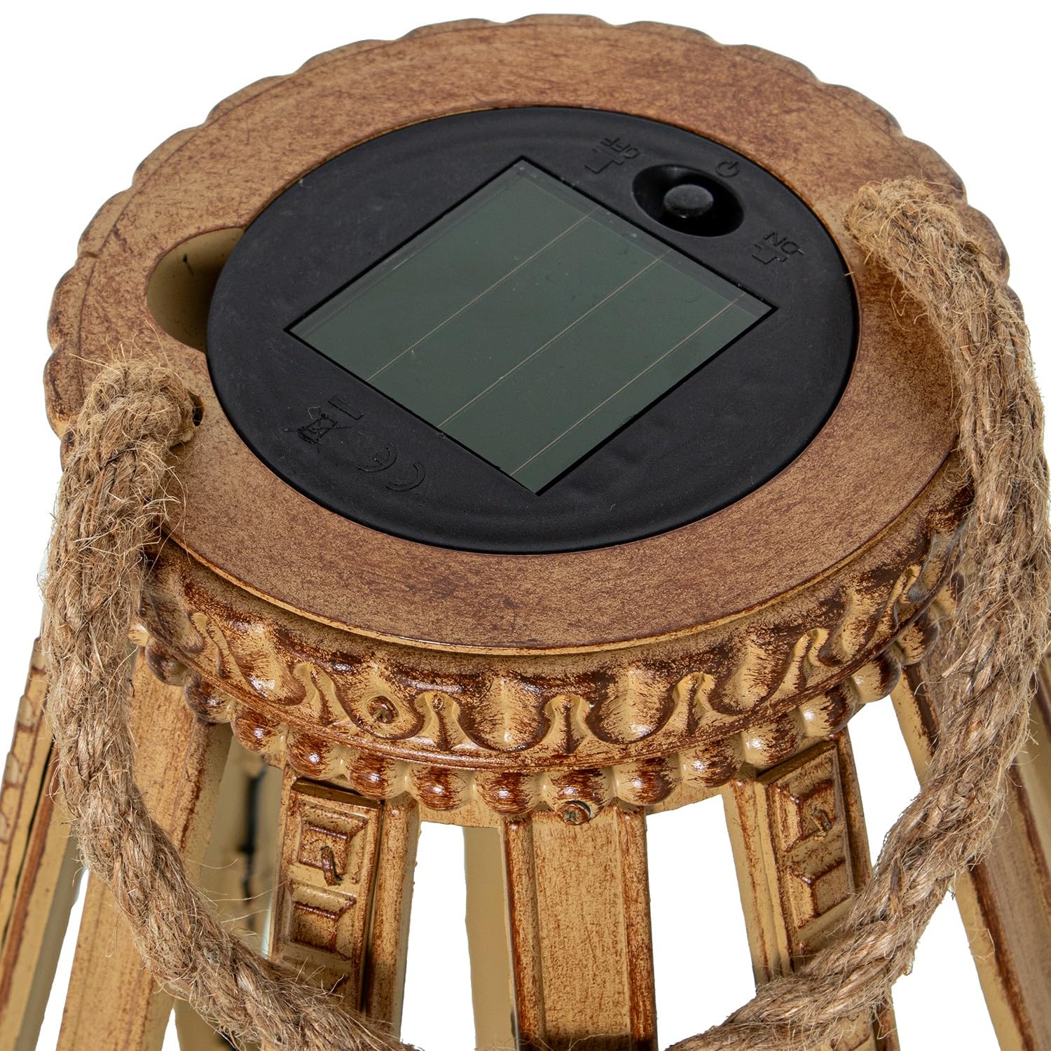 DRW Lampara Farol Solar de sobremesa o Suelo de Madera y Metal Natural y Negro con Vela led 24x24x45 cm