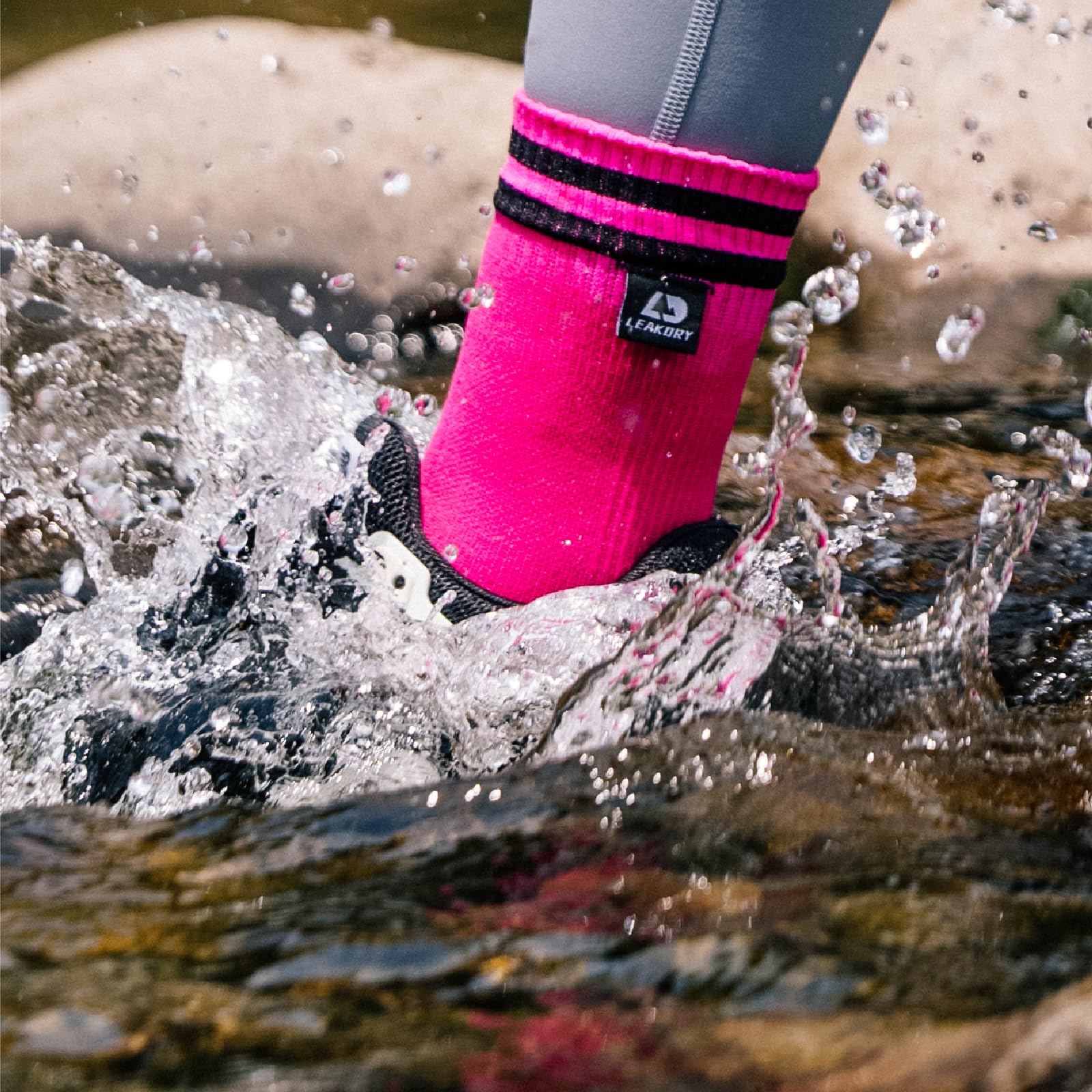 LEAKDRY Waterproof Socks,3 Layer Bamboo Thermal,Lightweight,Moisture-Wicking,Hiking,Running,Skiing,Fishing,Women (US, Alpha, Medium, Regular, Regular, Pink/Black)