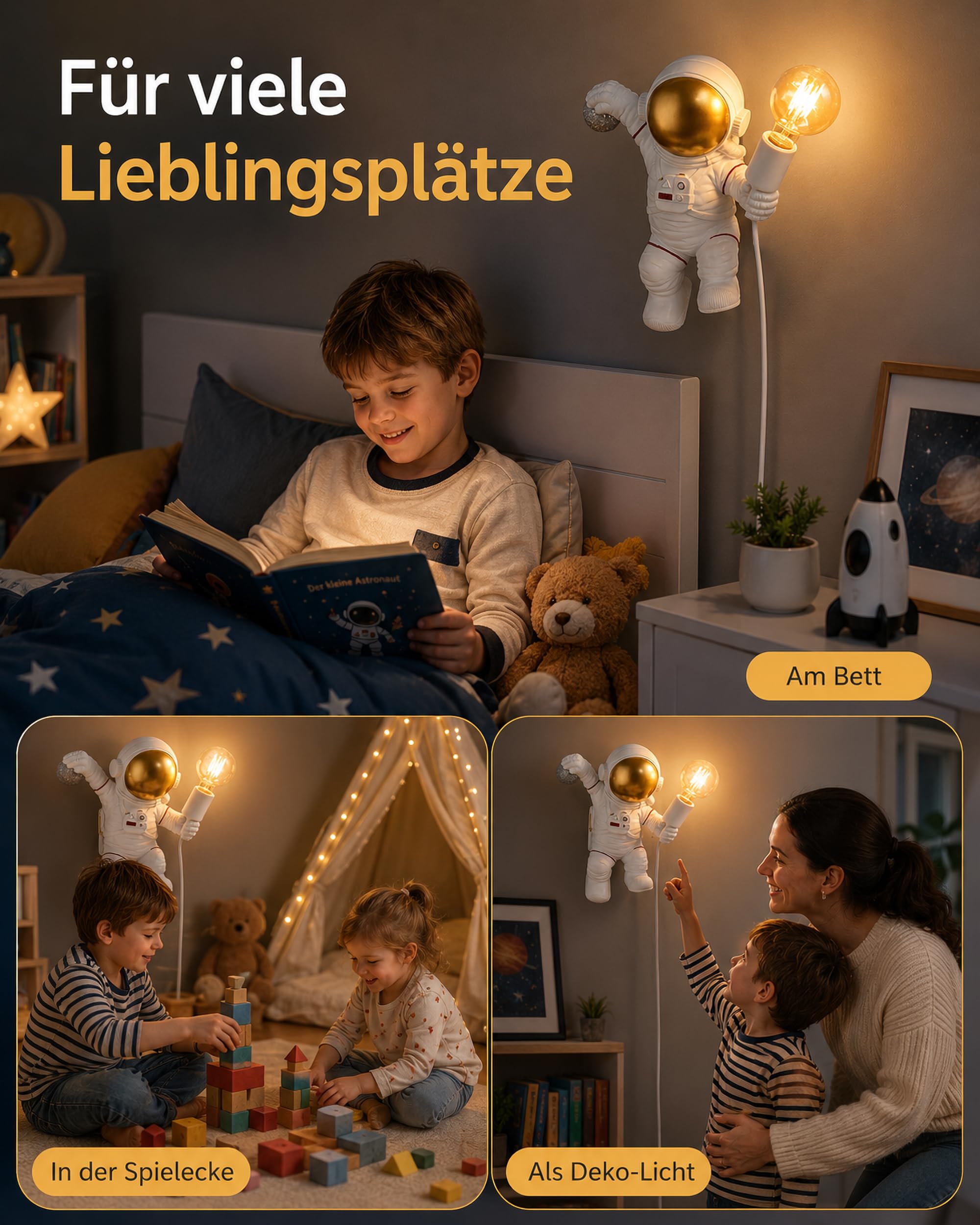 ACMHNC Lámpara de Pared Infantil Con Enchufe y interruptor, Decorativa Astronauta Aplique de Pared Para Habitación de Niños Con Cable 1,5 M, E27 Iluminación Pared Interior Para Niños y Niñas, Blanco