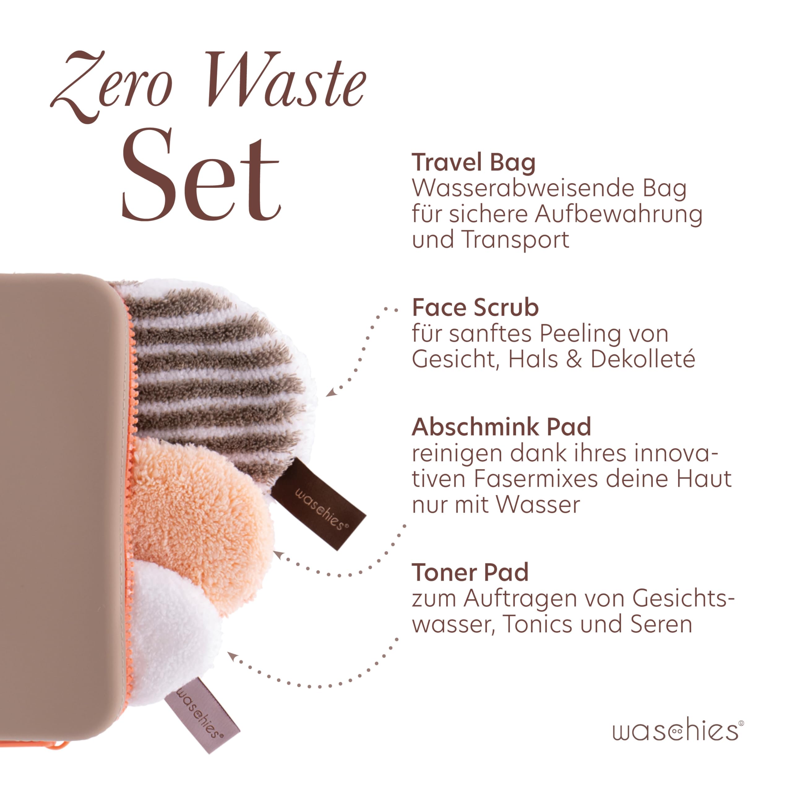 waschies Reusable Toiletry Bag Brown Durable with Makeup Remover Pad, Toner and Exfoliator, Washable, Travel Set and Perfect Gift for Women, Teens, Adults Beauty