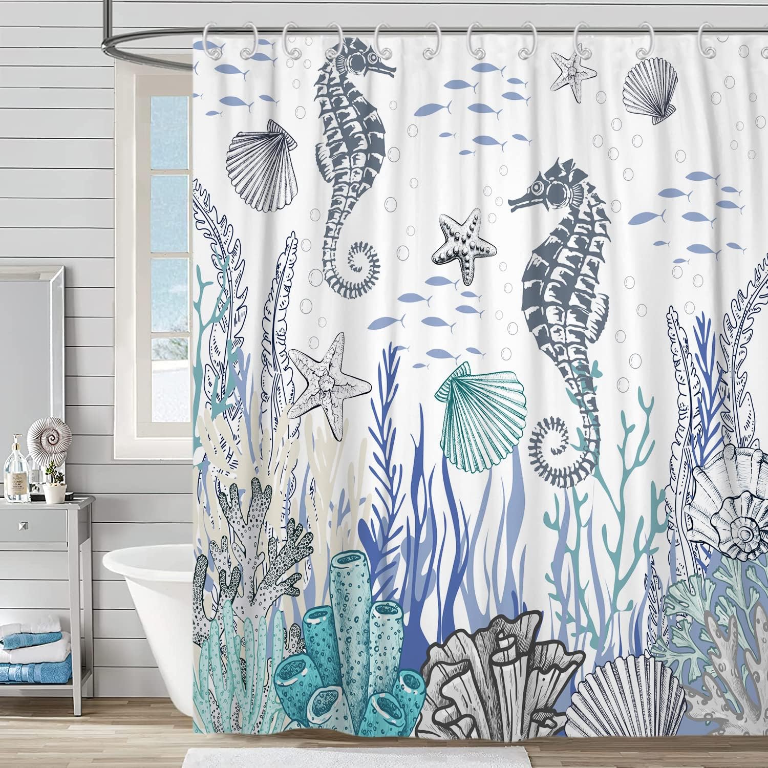 GCIREC Seahorse Shower Curtain, Ocean Beach Starfish Coral