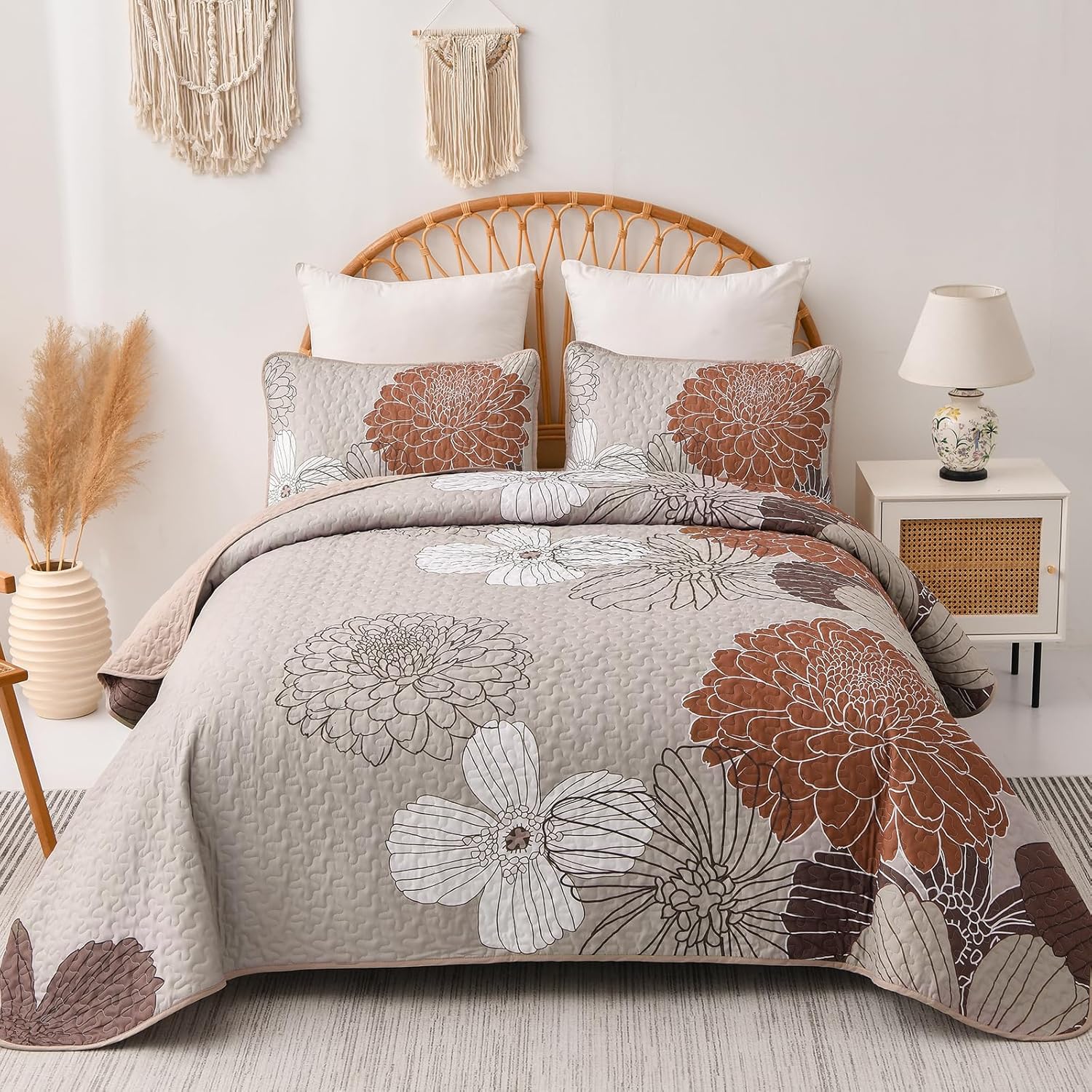 Queen Quilt Sets Brown Floral Pattern Quilt Bedding Set, 3 Pieces Botanical Quilt Bedspread Coverlet Set, Soft Microfiber Bed Coverlet Bedding Set for All Season(96" x 90) - Image 2