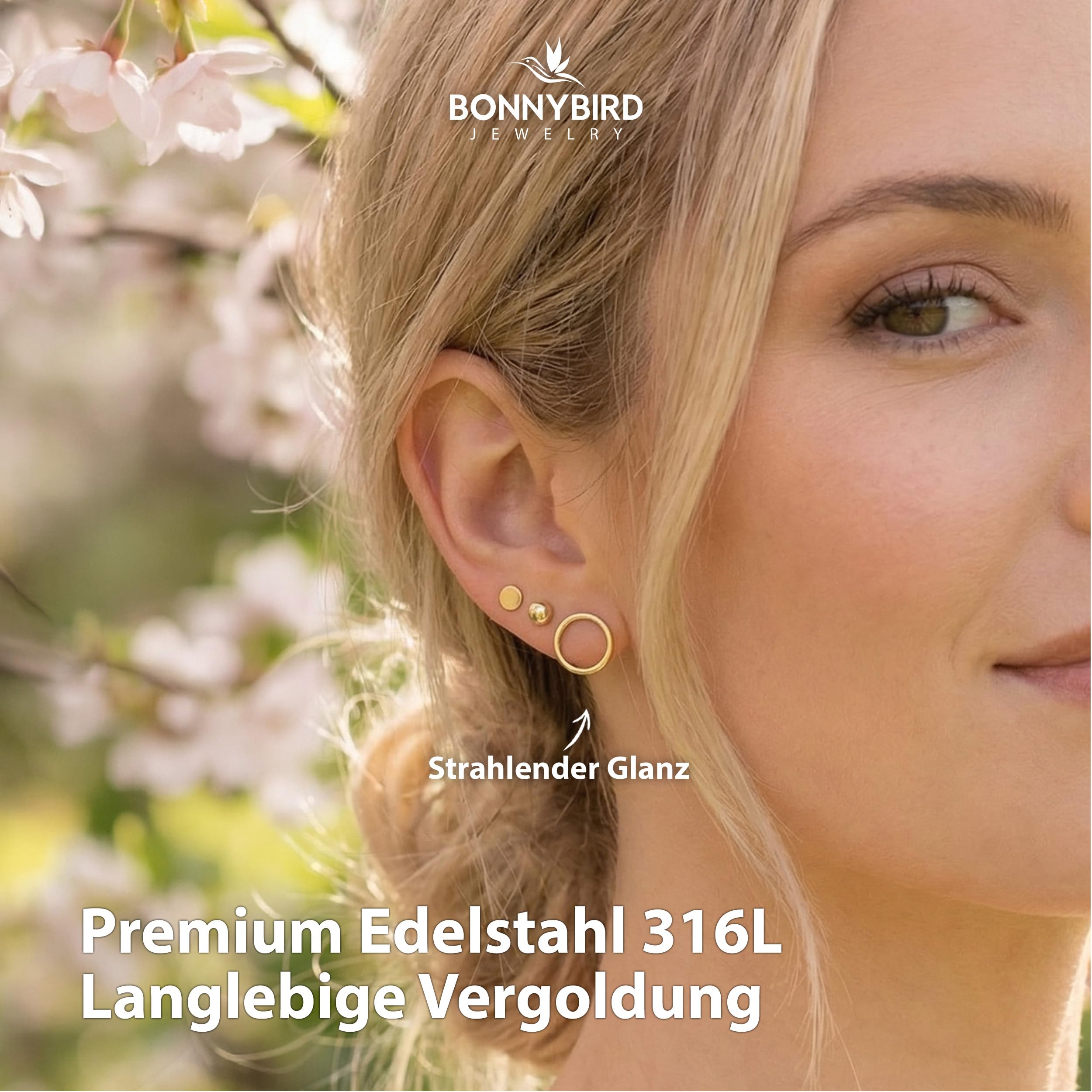 BONNYBIRD® Wasserfeste Edelstahl Ohrringe Damen in Silber, Gold & Roségold, Hypoallergen dank medizinischem Chirurgenstahl, Extra Leicht