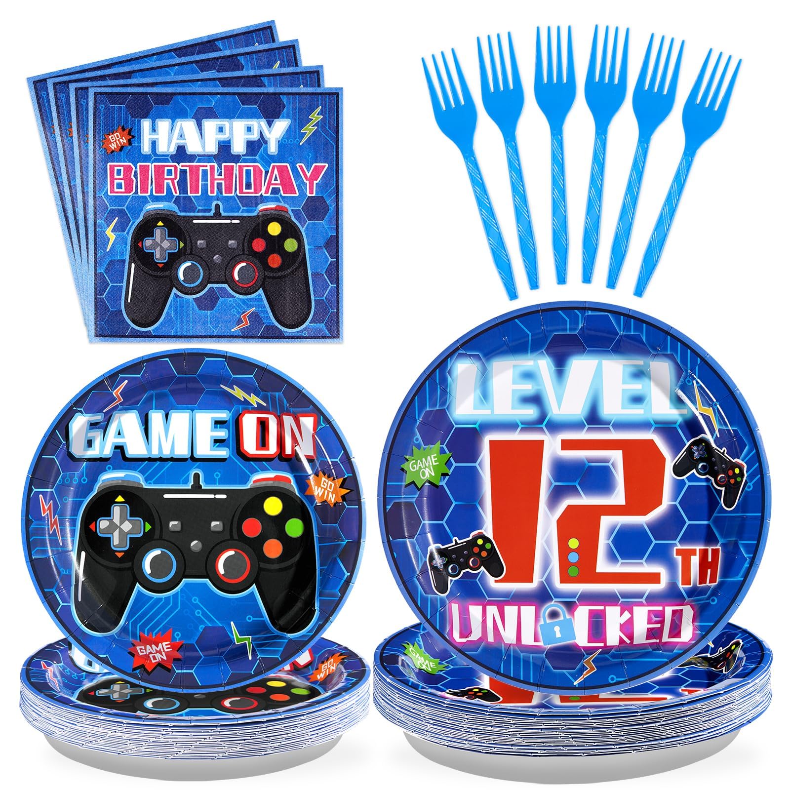 Grencian 96 Pcs 12th Video Game Birthday Party Decorations Blue Video Game Level 12 Birthday Plates and Napkins Tableware Sets for Boys 12 Years Old