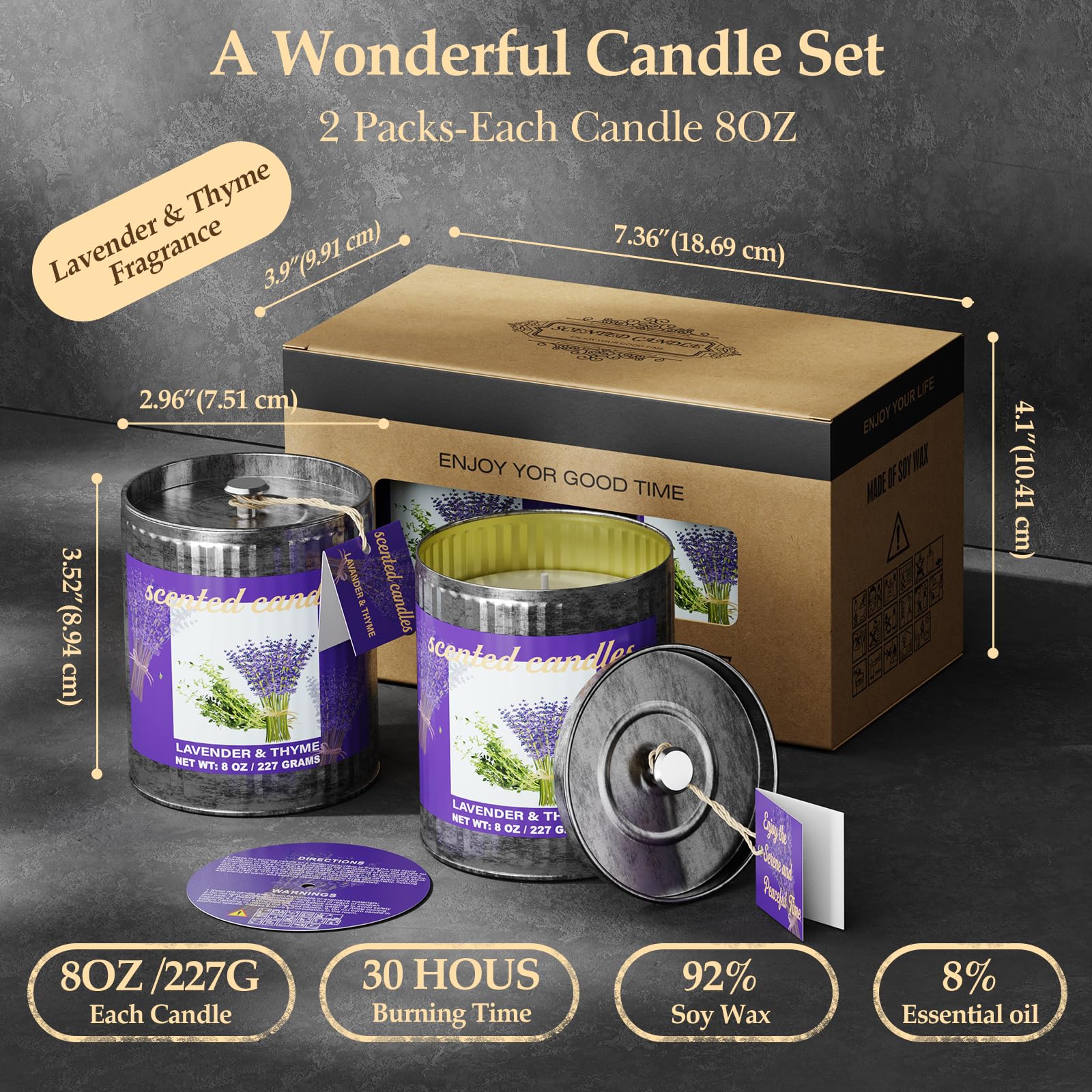 Lavender & Thyme Scented Candles Set | 2-Pack 454g 80H Burn Time,Smokeless Pure Soy Wax | Aromatherapy Tin Jar Candles for Stress Relief & Sleep Aid | Beautiful Gifts for Men and Women/Fathar's Day