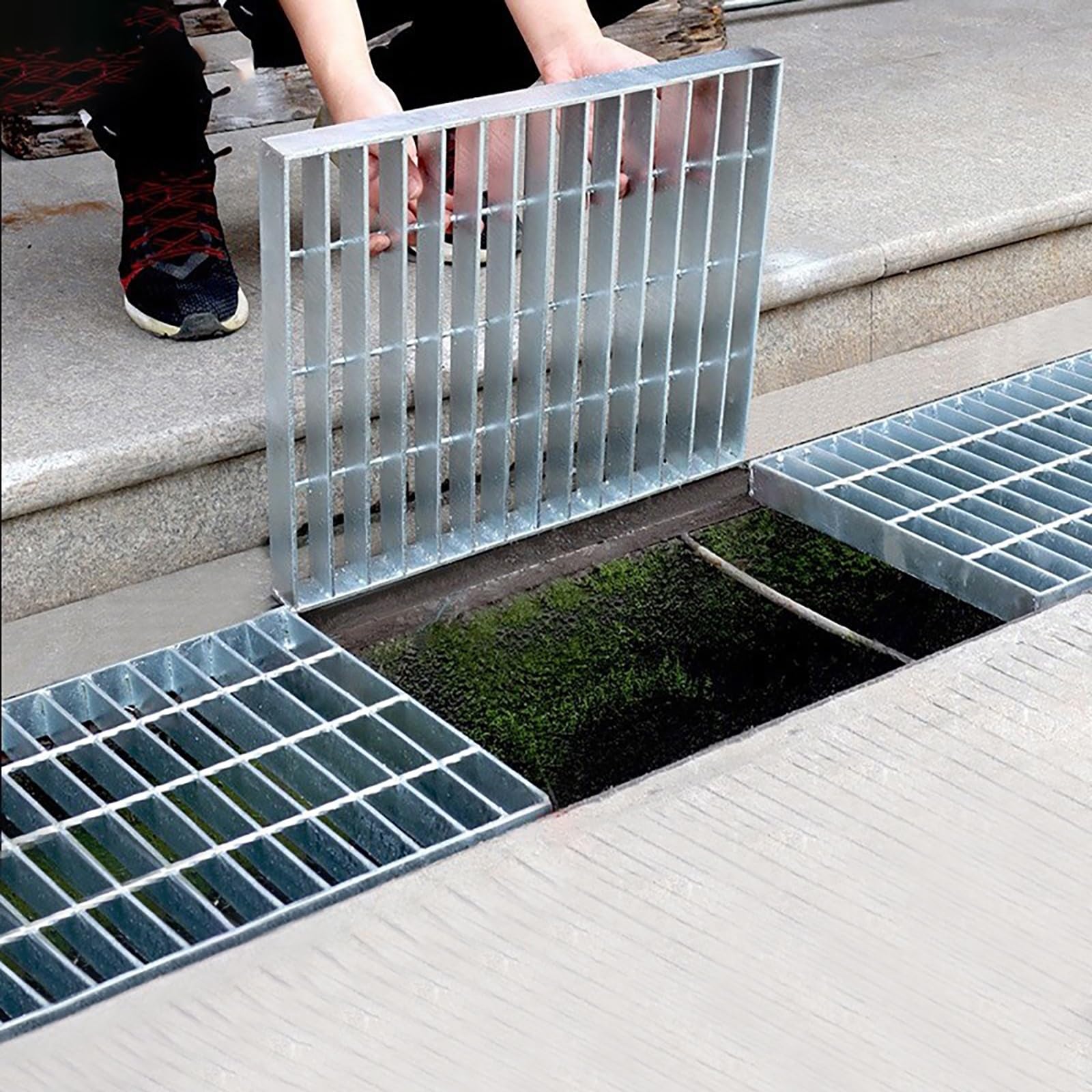 NURUGURE Galvanized Steel Rectangle Drain Grate Cover 50cm 100cm with Removable Grate for Driveway Garage Yard Stormwater Runoff
