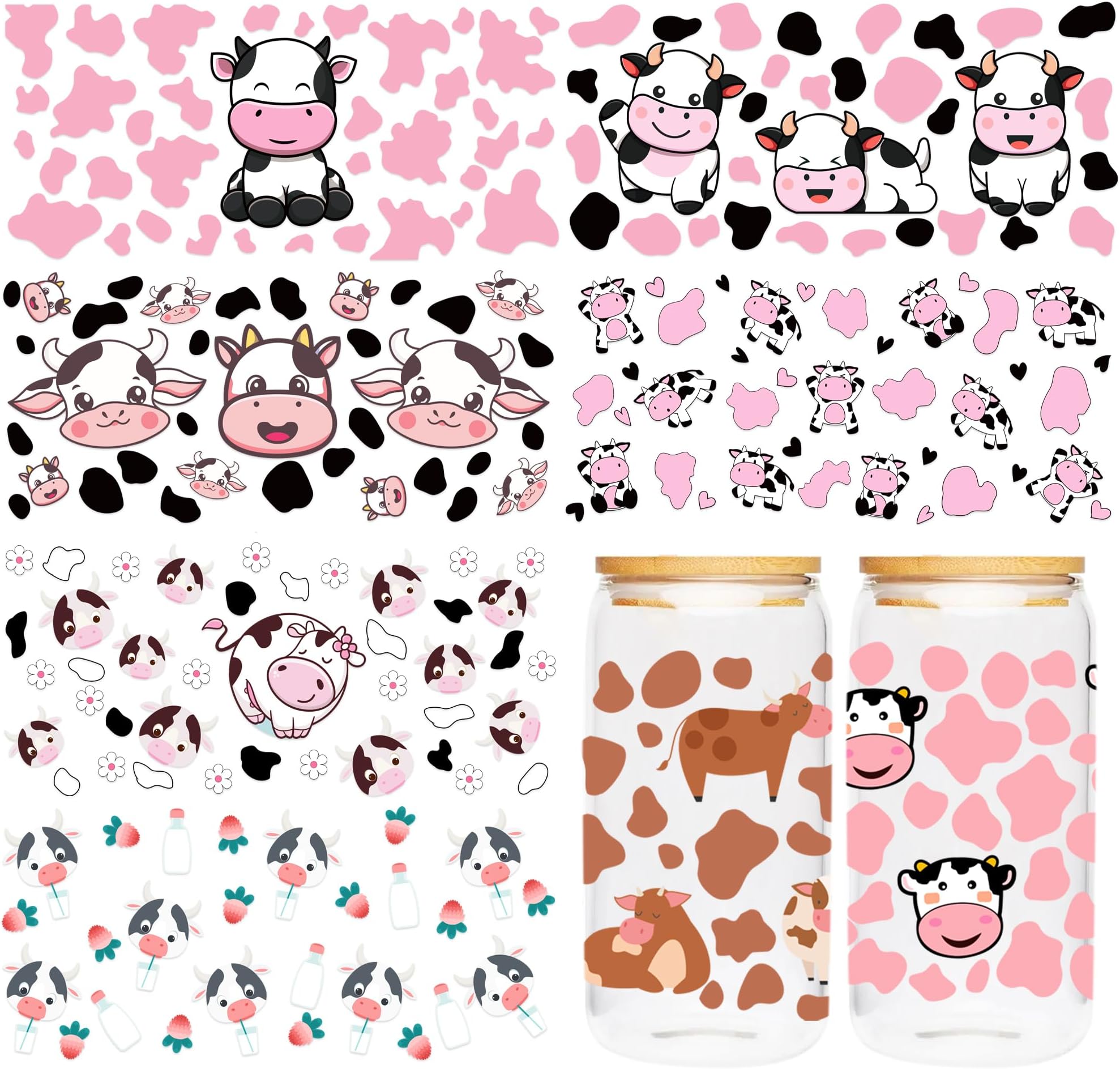 UV DTF Cup Wrap Sticker - 8 Sheets Cute Cow Theme UV DTF Transfer Sticker for Glass, Cow Print, Daisy, Strawberry Design Rub on Transfer, Creative Gifts for Friends, Kids, Students
