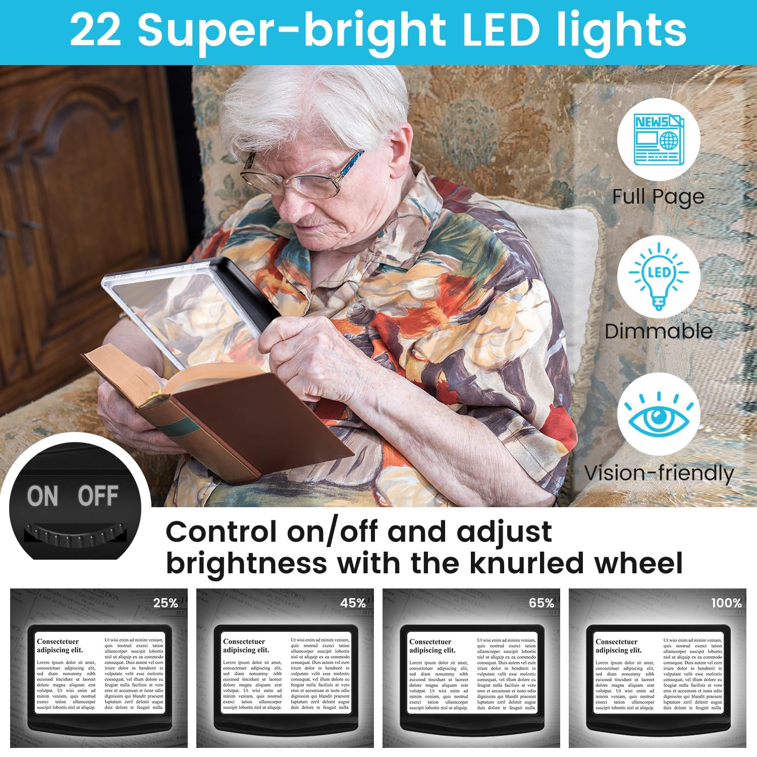 Rechargeable 5X Magnifying Glass for Reading, Ultra Bright Magnifying Glass with Light, Brightness Dimmable, Lightweight Full Page Handheld Lighted Book Magnifier for Reading Senior Elderly Low Vision