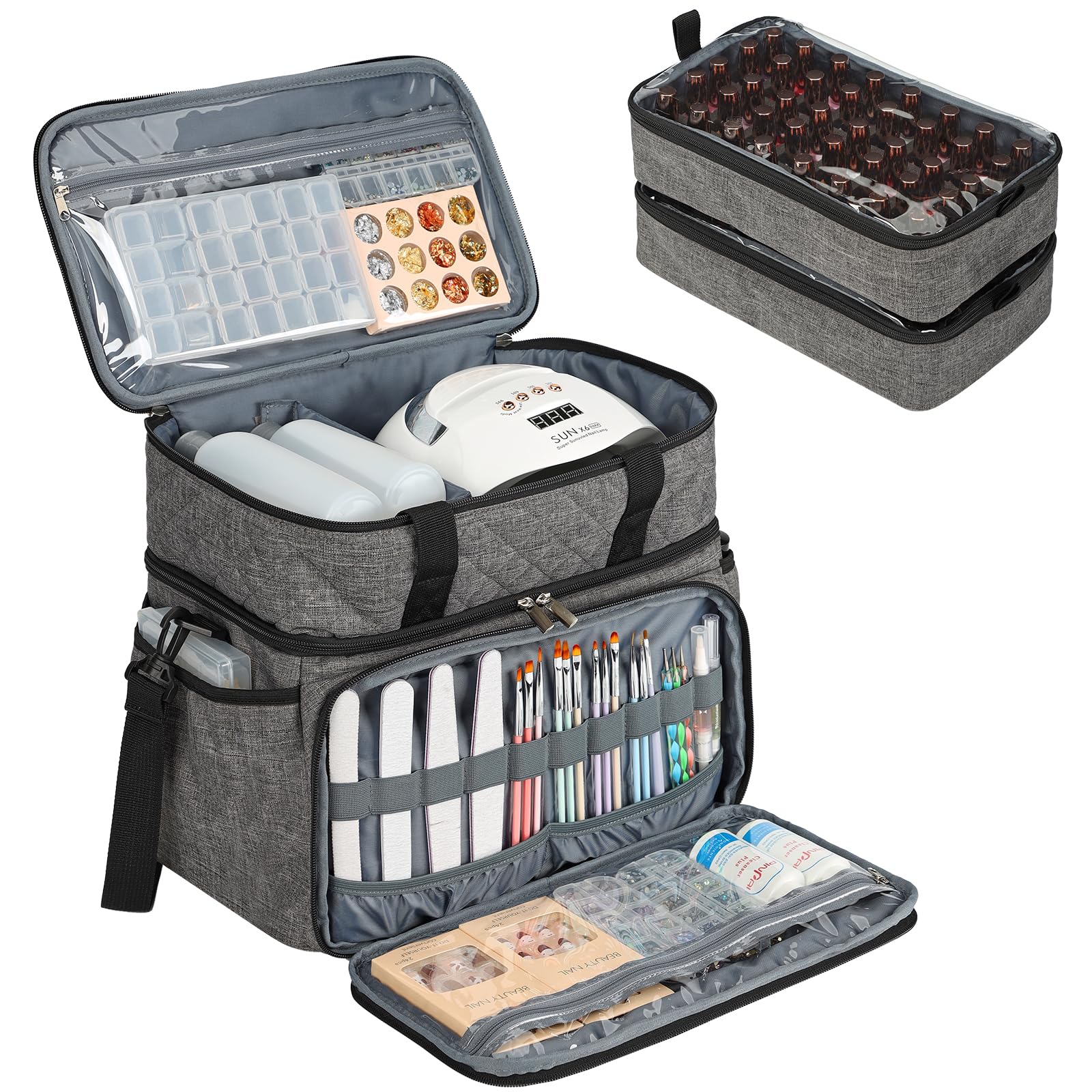 HOMEST Double Layer Nail Polish Organizer Holds 80 Bottles (15ml/0.5 fl. oz) and a Lamp, Case with 2 Removable Pouches for Manicure Tools Storage,