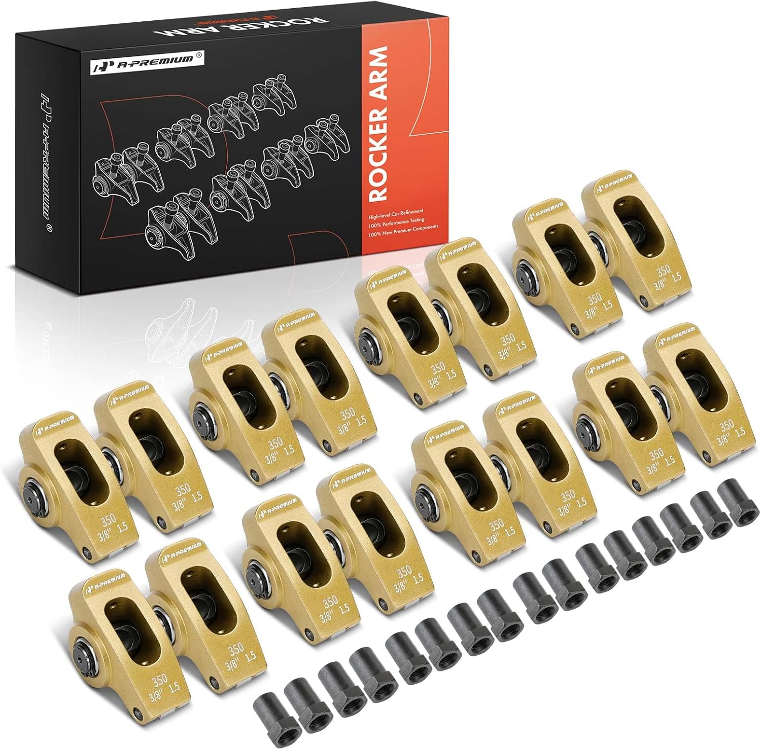 A-Premium 16Pcs Gold Aluminum Engine Roller Rocker Arms with Needle Bearings Compatible with Small Block Chevy SBC 350, 1.5 Ratio, 3/8" Studs