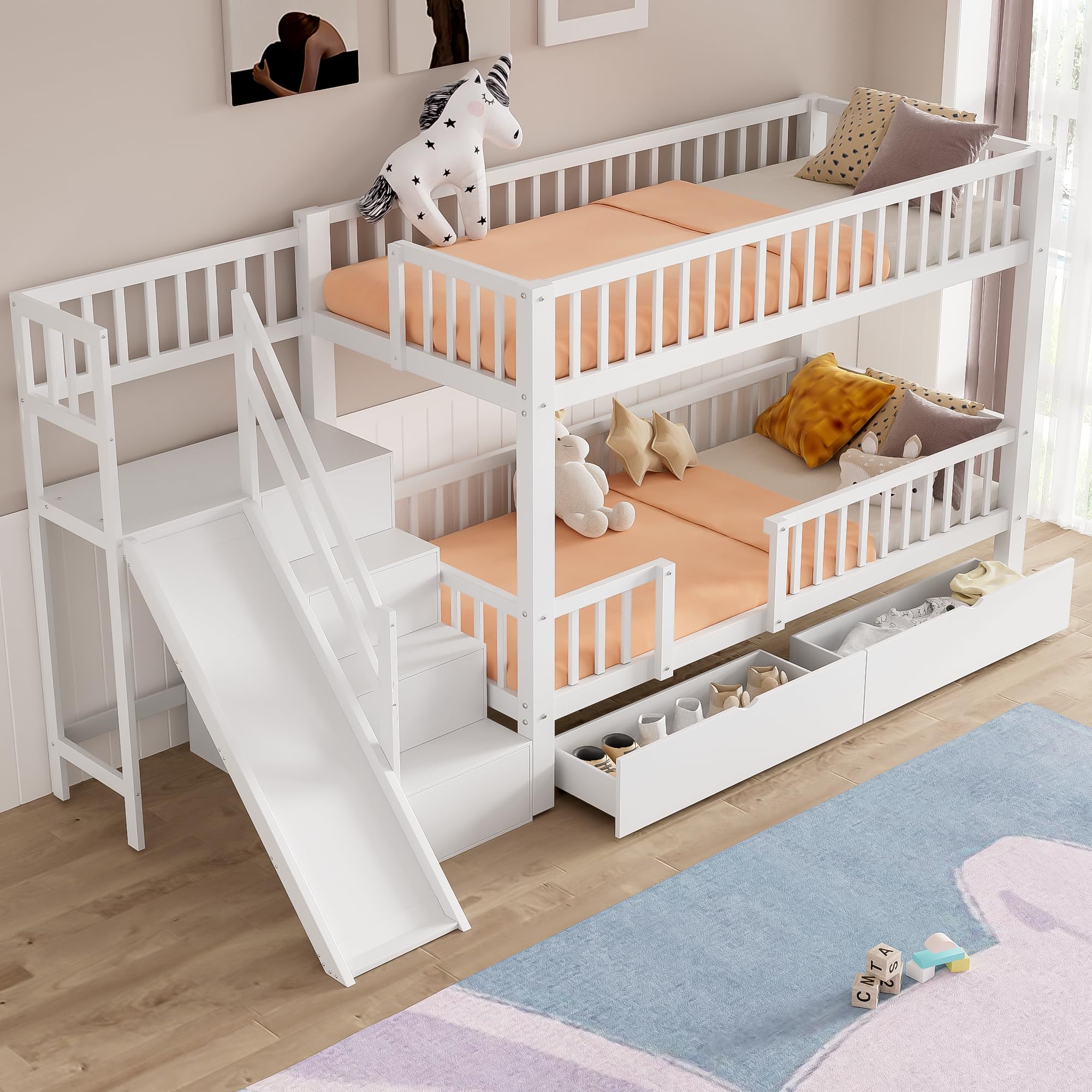 Etagenbett Kinderbett 90x200 für 2 Kinder, Hochbett mit Treppe&Rutsche&2 Schubladen, Funktionsbett Holzbett Stockbett Spielbett Jugendbett Bettgestell mit Rausfallschutz&Lattenrost,Ohne Matratze,Weiß