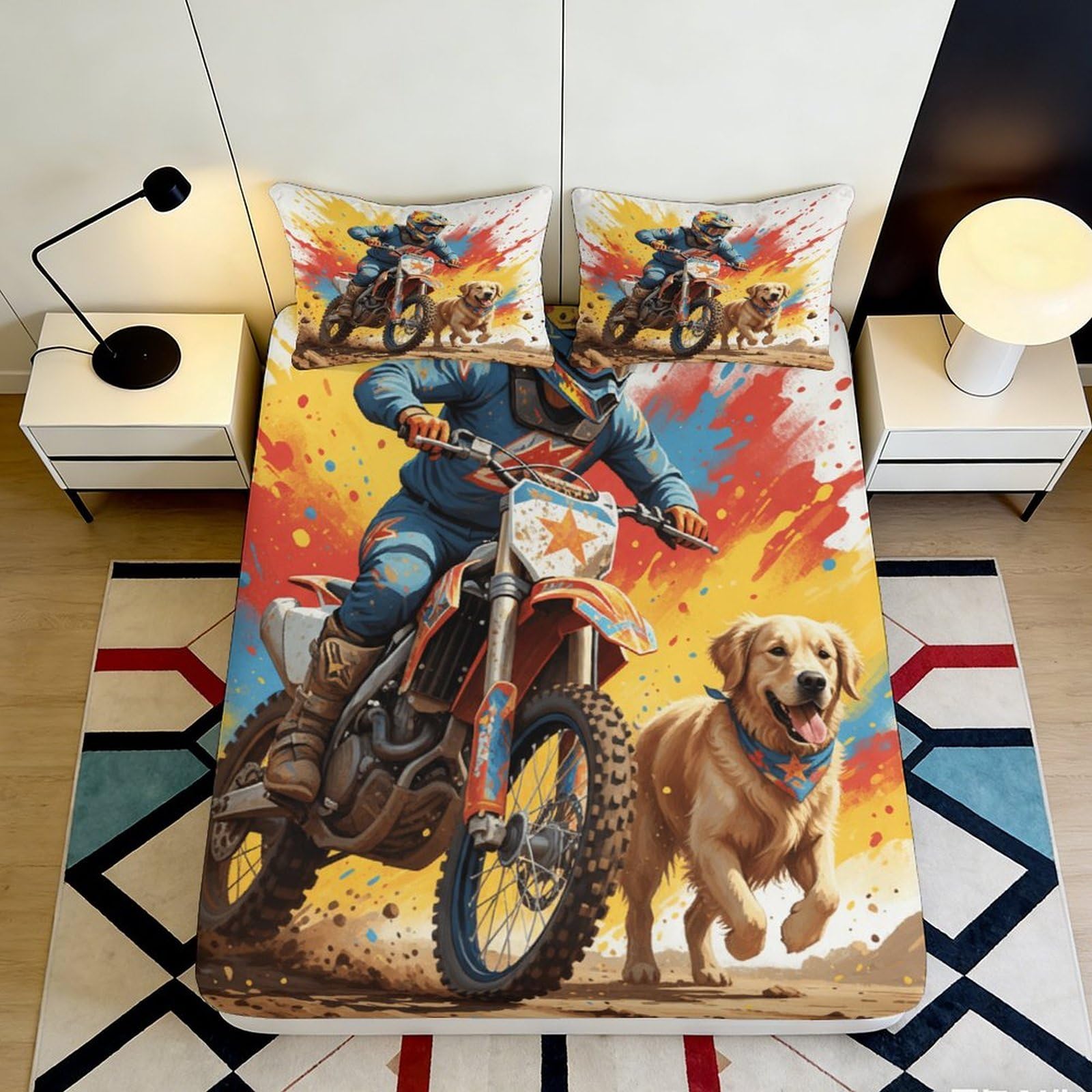 Jqzkxnhpbr Style-1 3D Printed Motocross Adventure Fitted Sheet Microfiber Soft Breathable Dog Racing Bed Cover For Bedroom Dorm Decor 90X200x25cm