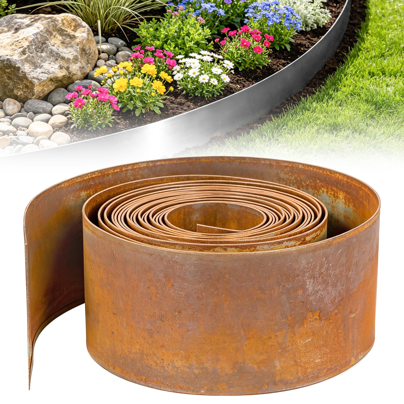 Cortenstahl Rasenkante, Beeteinfassung Metall, 10 m, 15 cm hoch, 0,6 mm