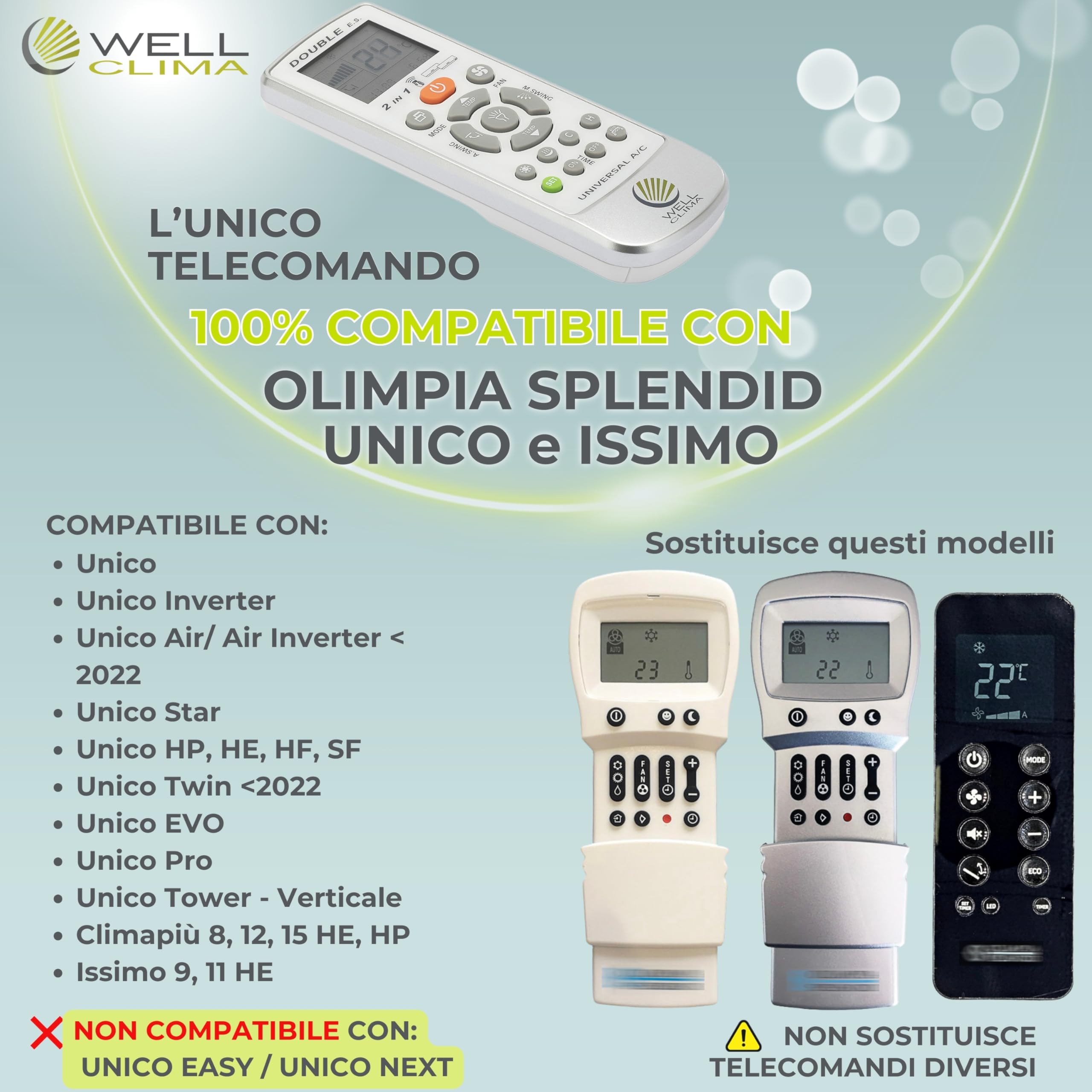 Wellclima Telecomando Compatibile con modelli Unico, Issimo e Climapiù per Olimpia Splendid, Unica Alternativa all’Originale, Pronto all’Uso, Già Configurato Solo per questi Modelli, Batterie incluse