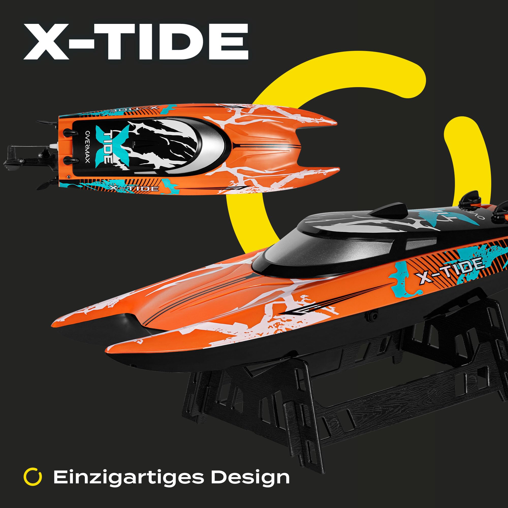 Overmax X-Tide Ferngesteuertes RC-Speedboat Rennboot mit LED 25 km/h 1200 | mAh Akkus 34 Minuten Spaß Geschwindigkeitsregulierung Reichweite bis zu 100 m, Schwimmbad- und Seespielzeug