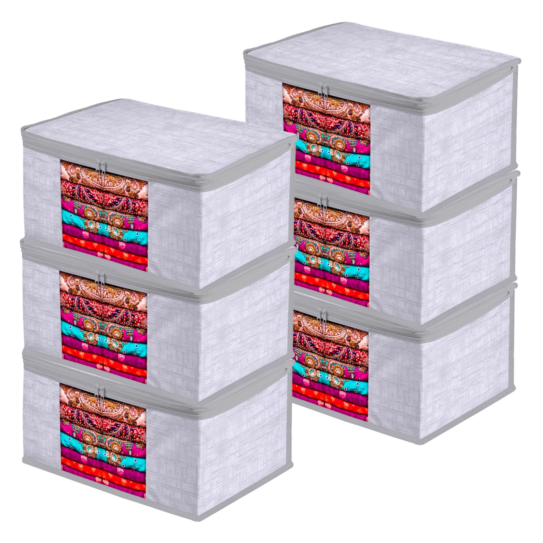 Kuber Industries Saree Cover | Zip Closure | Wardrobe Organizer | Transparent Window | Jute Printed | 9 Inch | Pack of 6 | Gray