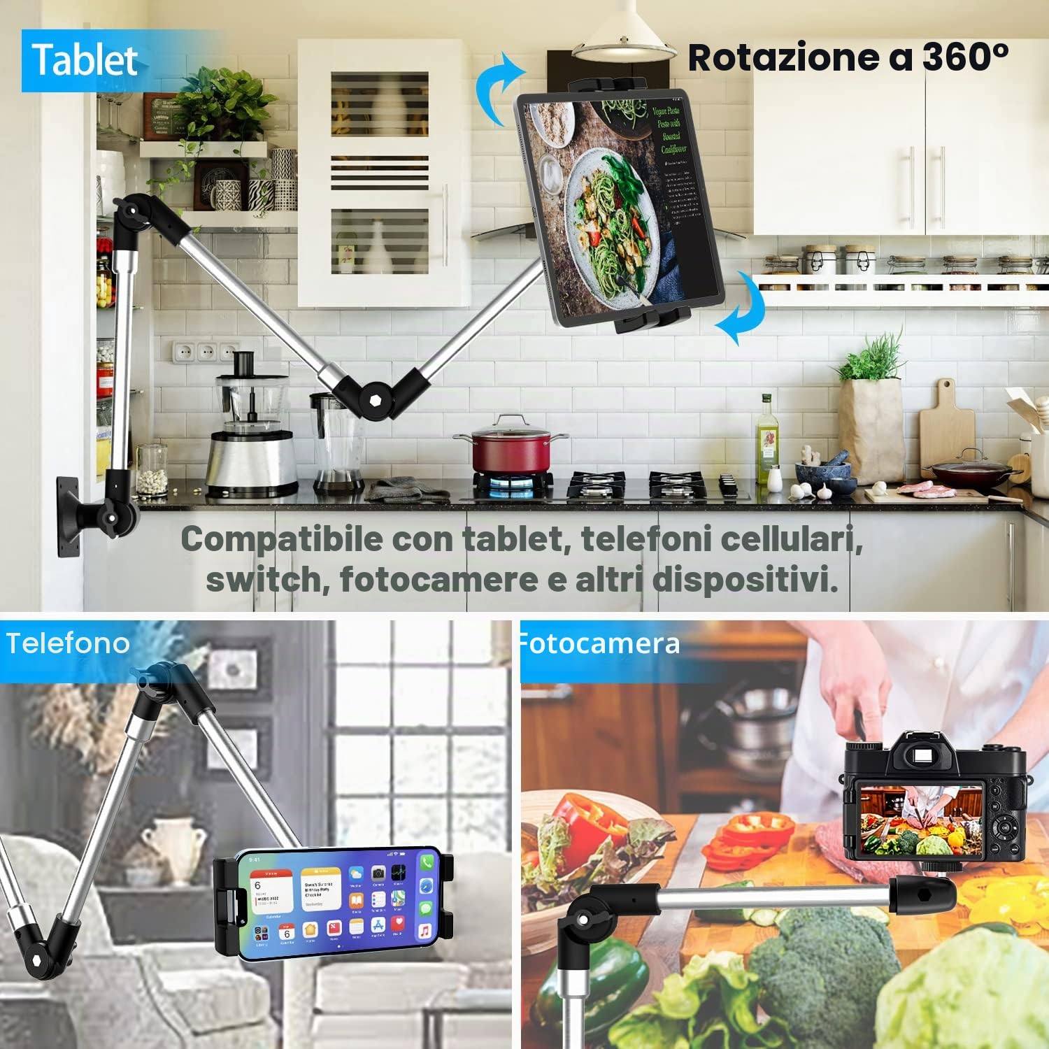 Supporto Tablet Parete Braccio Lungo Metallo, Porta iPad Muro Regolabile | con Braccio Pieghevole [Braccio in Alluminio 95 cm] per iPad Pro Air Mini, Galaxy, Surface, Switch, Cellulare, 4-13"