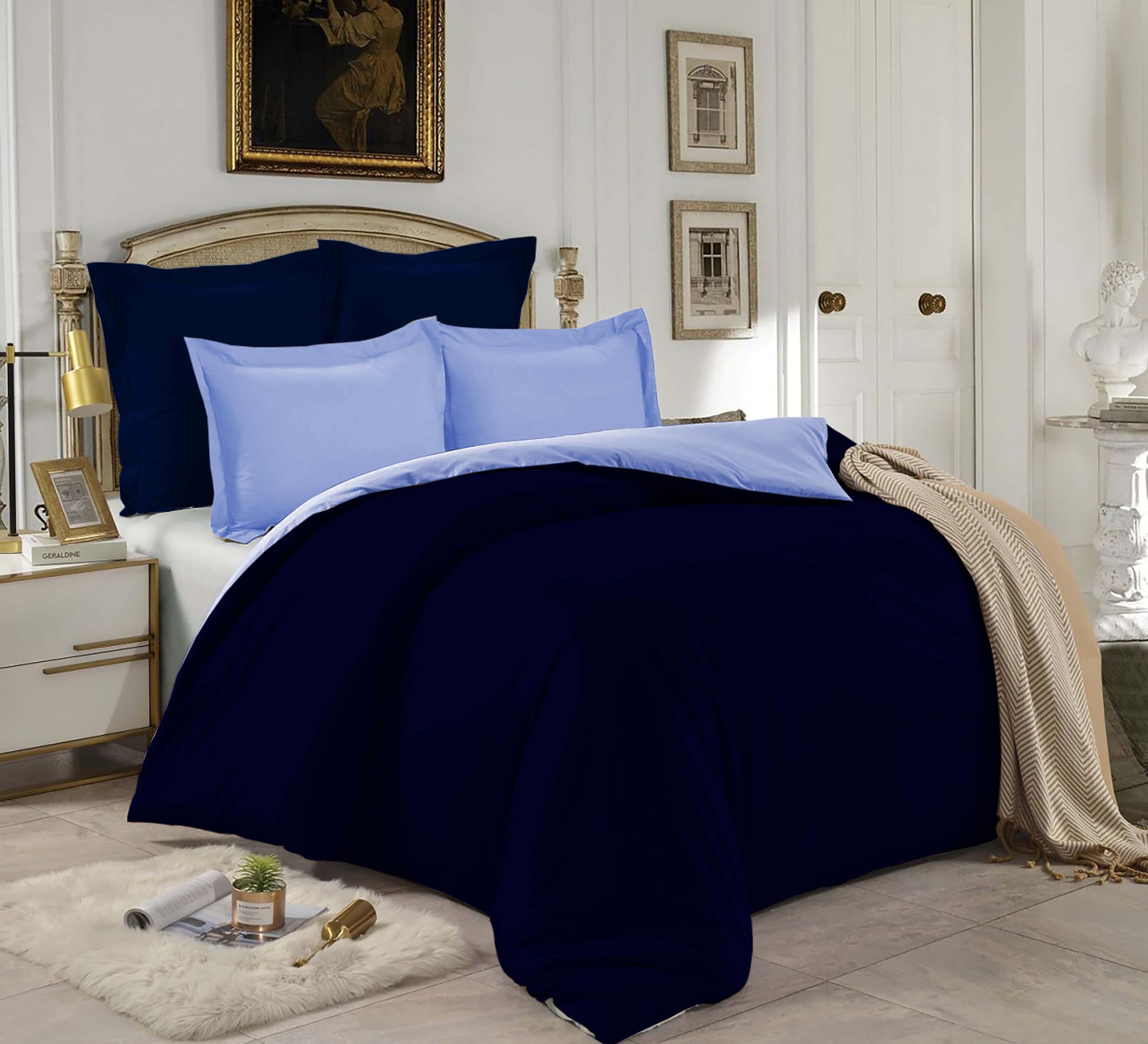 Ev Dekor Double Duvet Cover Sets - Reversible Brushed Microfiber Bedding- Plain Dye Quilt Cover with Pillowcase - Navy/Blue - Image 3