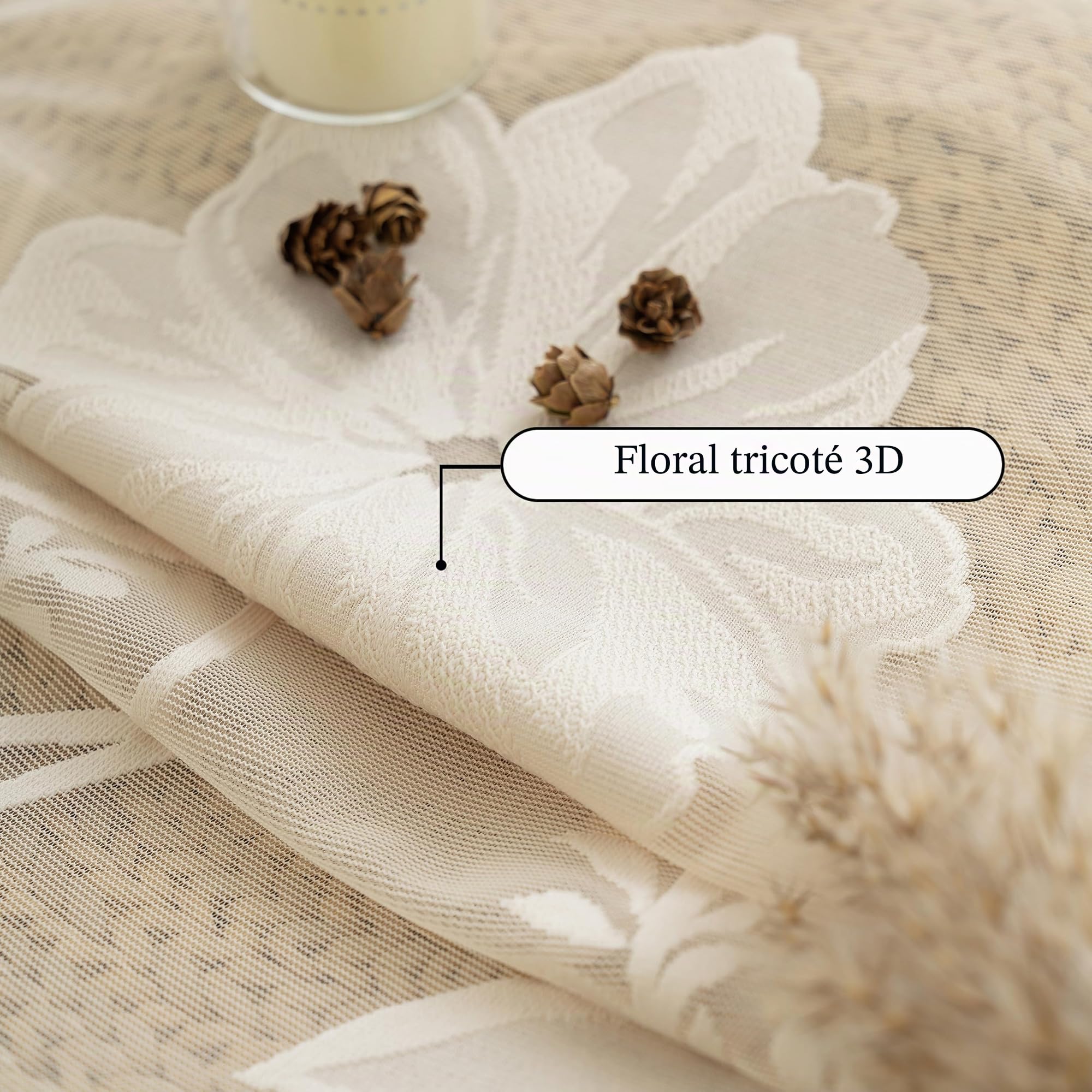 Paire de rideaux en dentelle beige 228,6 cm de long, style campagnard chic floral brodé 132,1 cm de large