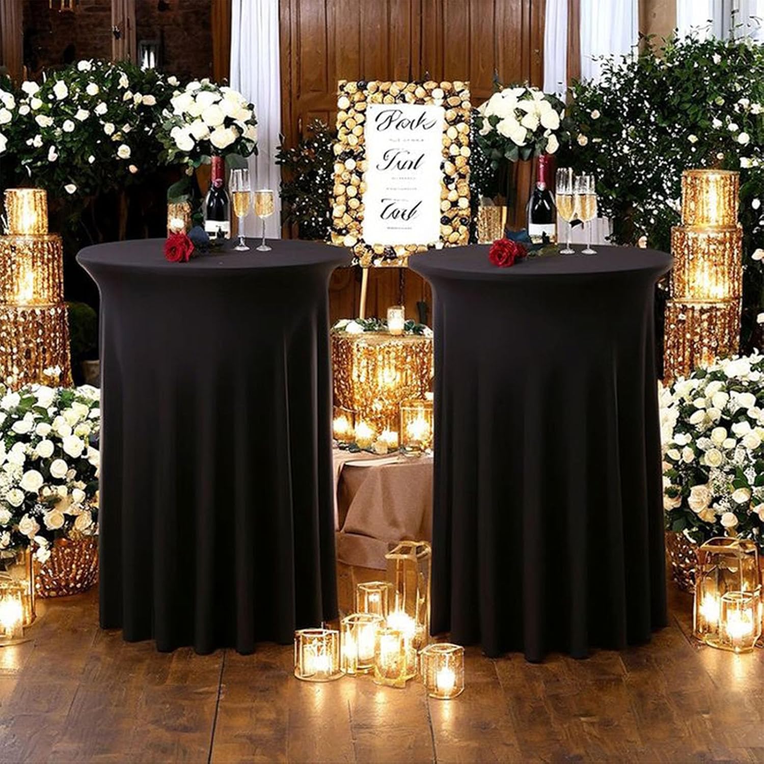 2Pack Black Cocktail Table Covers Spandex Round Cocktail Table Tablecloth 32"x 43" Table Skirt with Wavy Drapes Fitted High Top Covers for Wedding Party Banquet