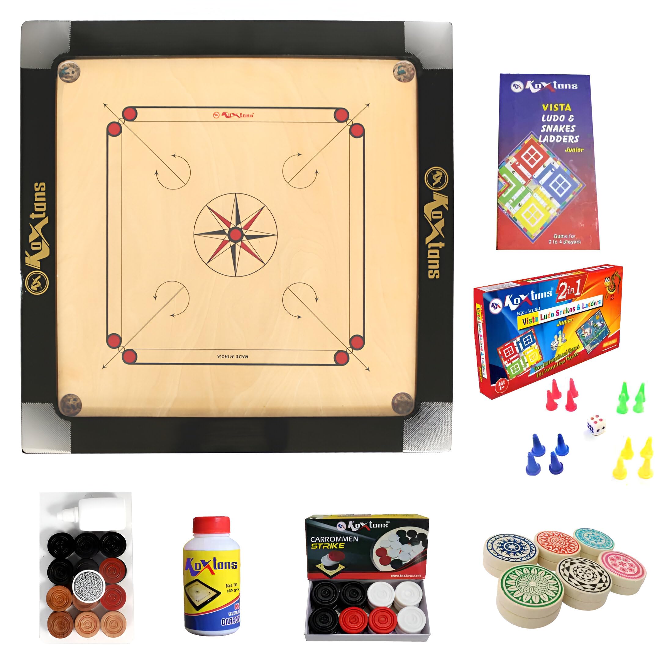 KOXTONS - Carrom Board 36 INCH Full Size with 3" Border & 8 mm Ply (Premium) with STRICKER & Accessories and Vista 11 INCH Ludo Snakes and Ladder