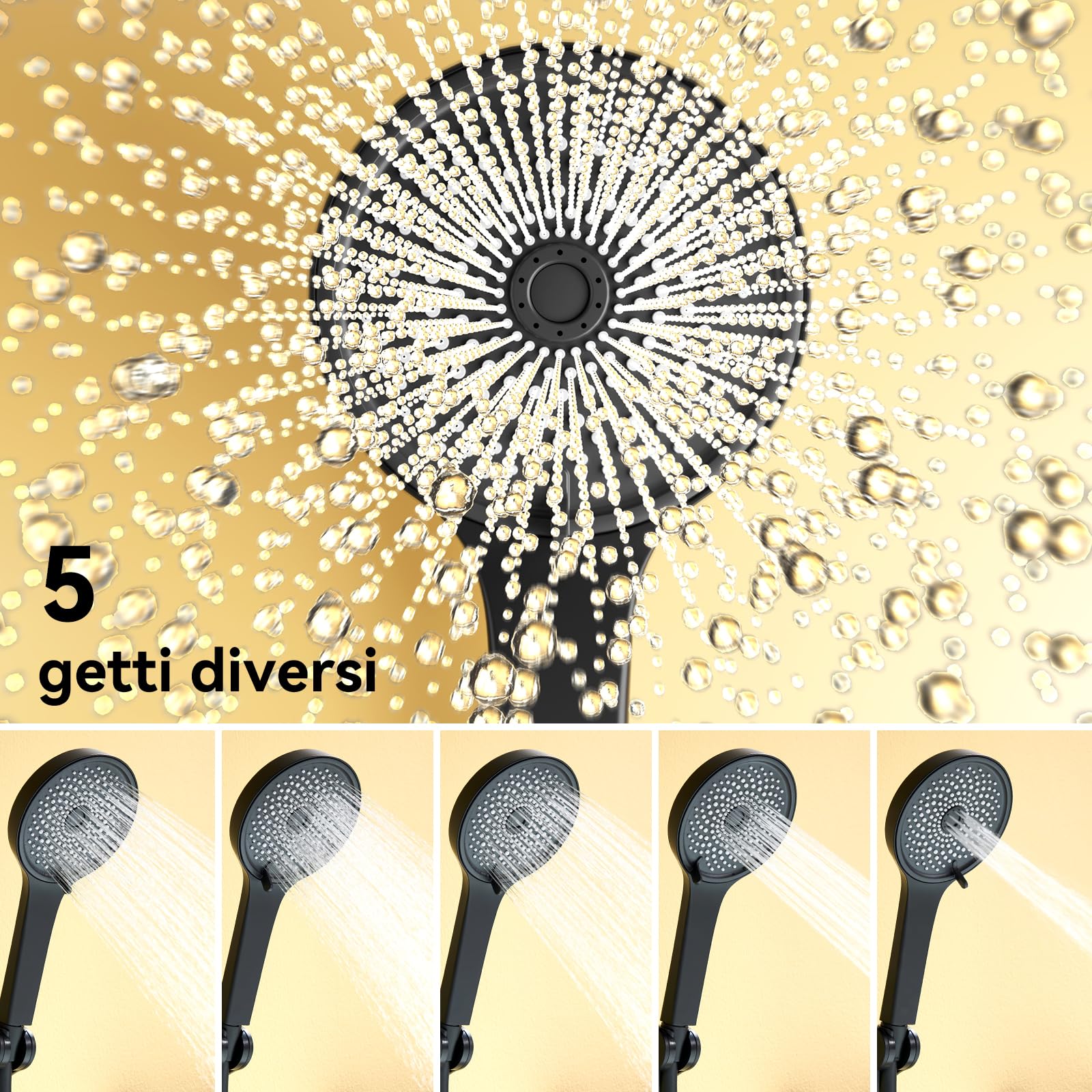 Auralum Rubinetto Vasca da Bagno con Doccetta 5 Geti, Miscelatore Vasca da Bagno a Cascata, Miscelatore Doccia Nero con Tubo Doccia PVC 1,5 m, Rubinetto Doccia con Supporto Soffione Doccia Regolabile