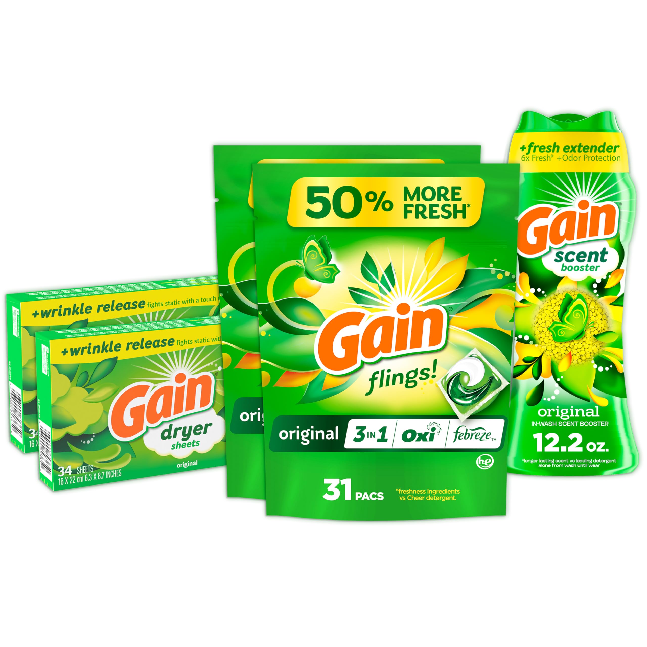 Laundry Bundle: Gain Flings Laundry Detergent Pacs (2x35ct), Dryer Sheets (2x34ct), Fireworks Laundry Scent Booster Beads (14.8oz)