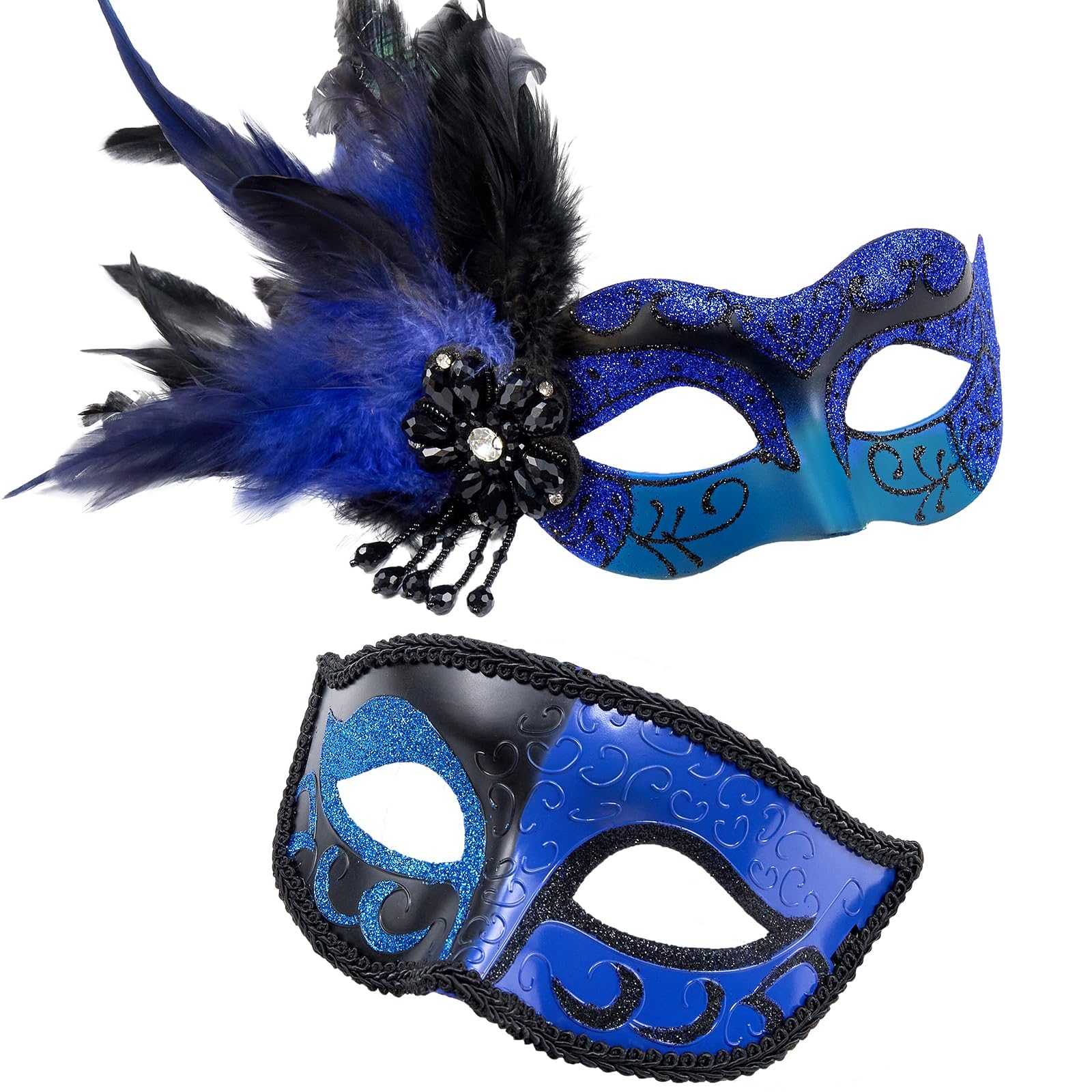 MYSEUNI 2025 New Masquerade Mask with Feather for Couples - Women's Masquerade Mask with Feather & Men Venetian Costume Mask