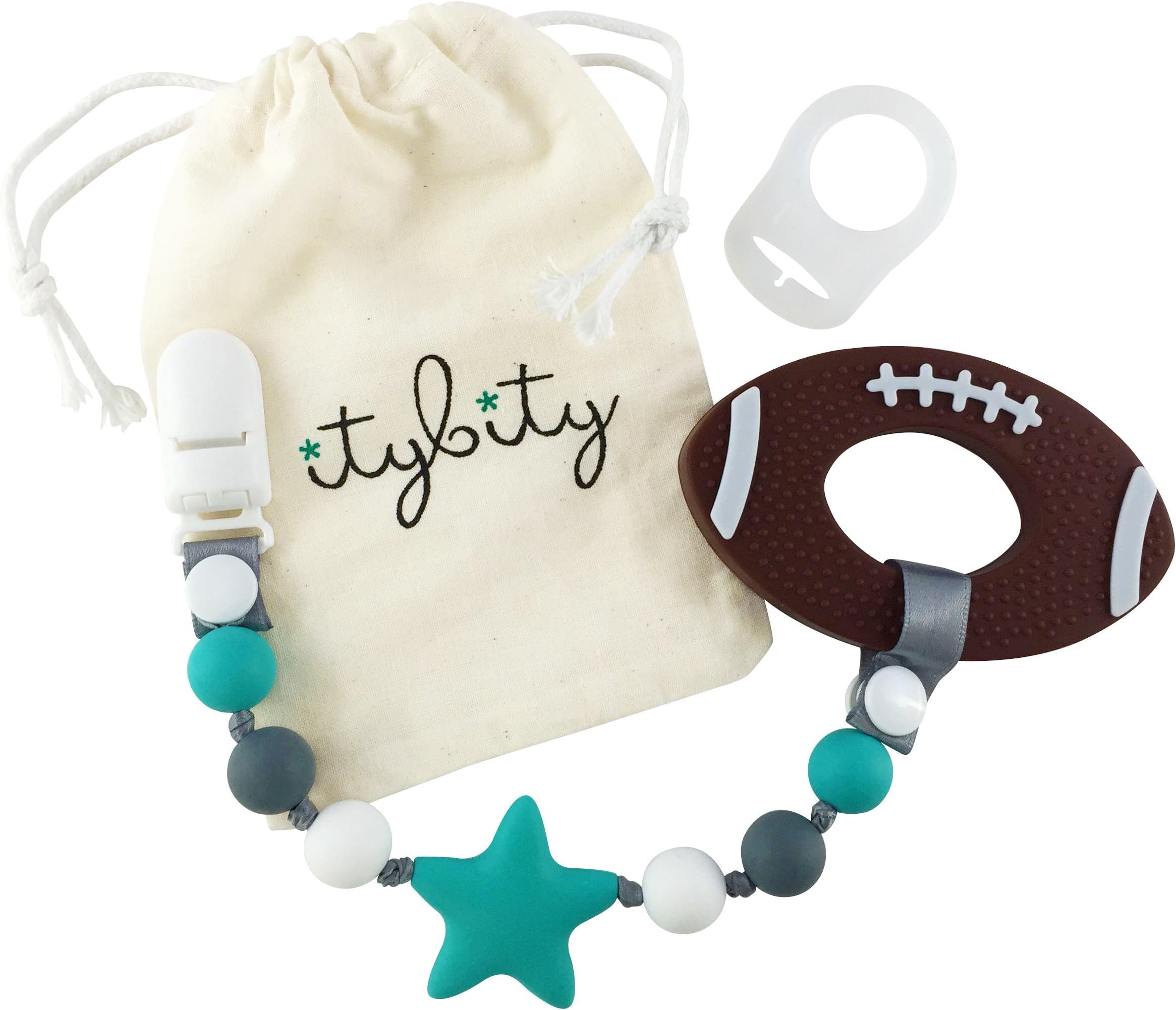 Football Baby Teething Toys with Pacifier Clip Teether, Baby Gift Set (Turquoise, Gray)