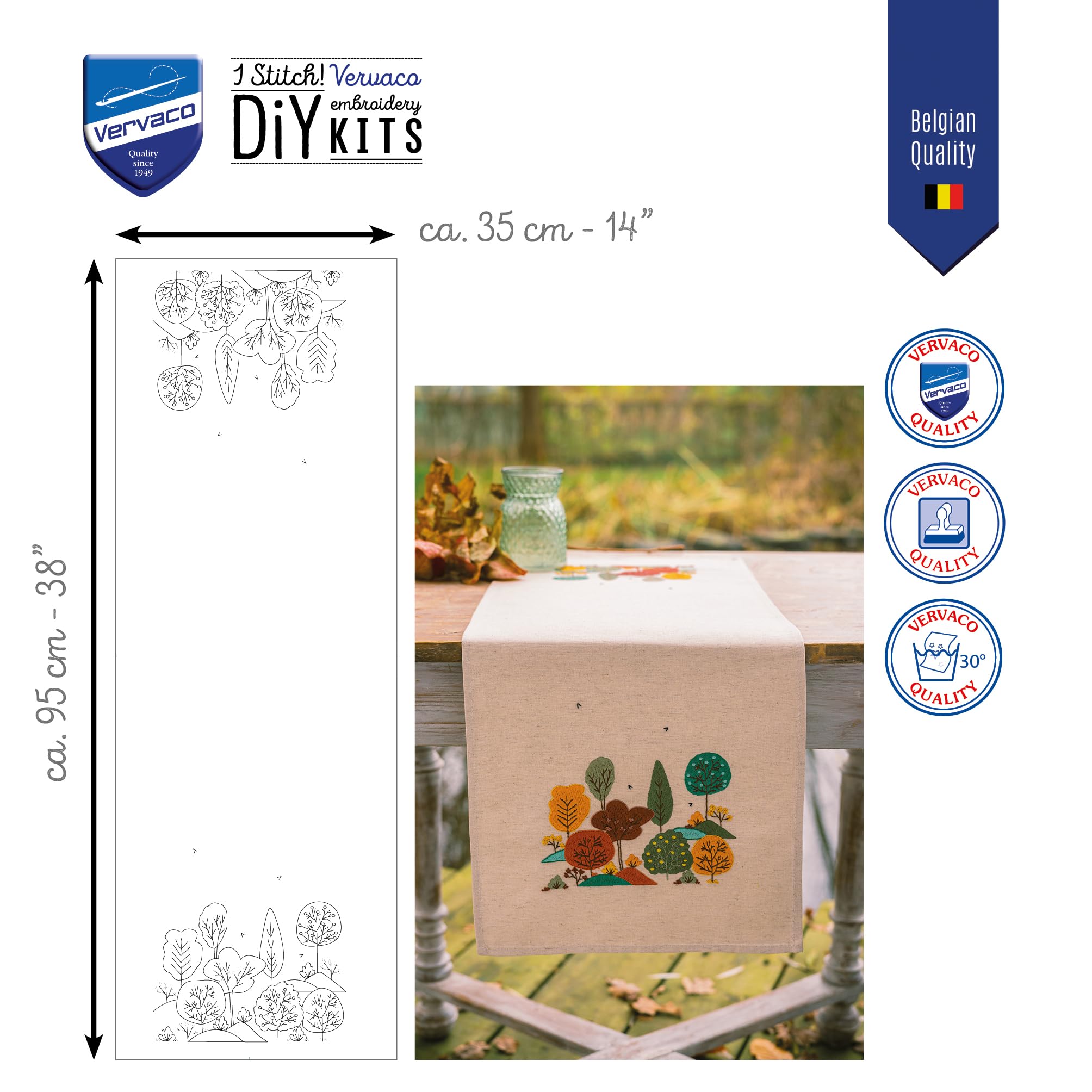 Vervaco Stickpackung Tischläufer Sticken Set Erwachsene Vorgedruckt Herbstwald Stickläufer zum Selbersticken Vorgezeichnet Decke Sticken Stickpackung Plattstich 35 x 95 cm Kreatives Geschenk