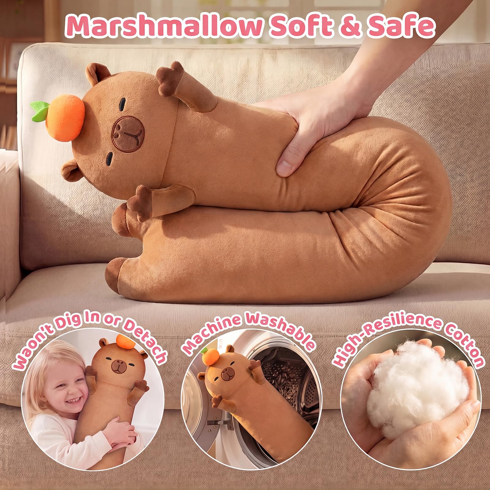 Mewaii 50CM Kuscheltier Capybara Plüschkissen Stofftiere Lang Plüschtier Ausgestopftes Tier Spielzeug Kuschelkissen Geschenk Plüschkissen Kinder Seitenschläferkissen Tier