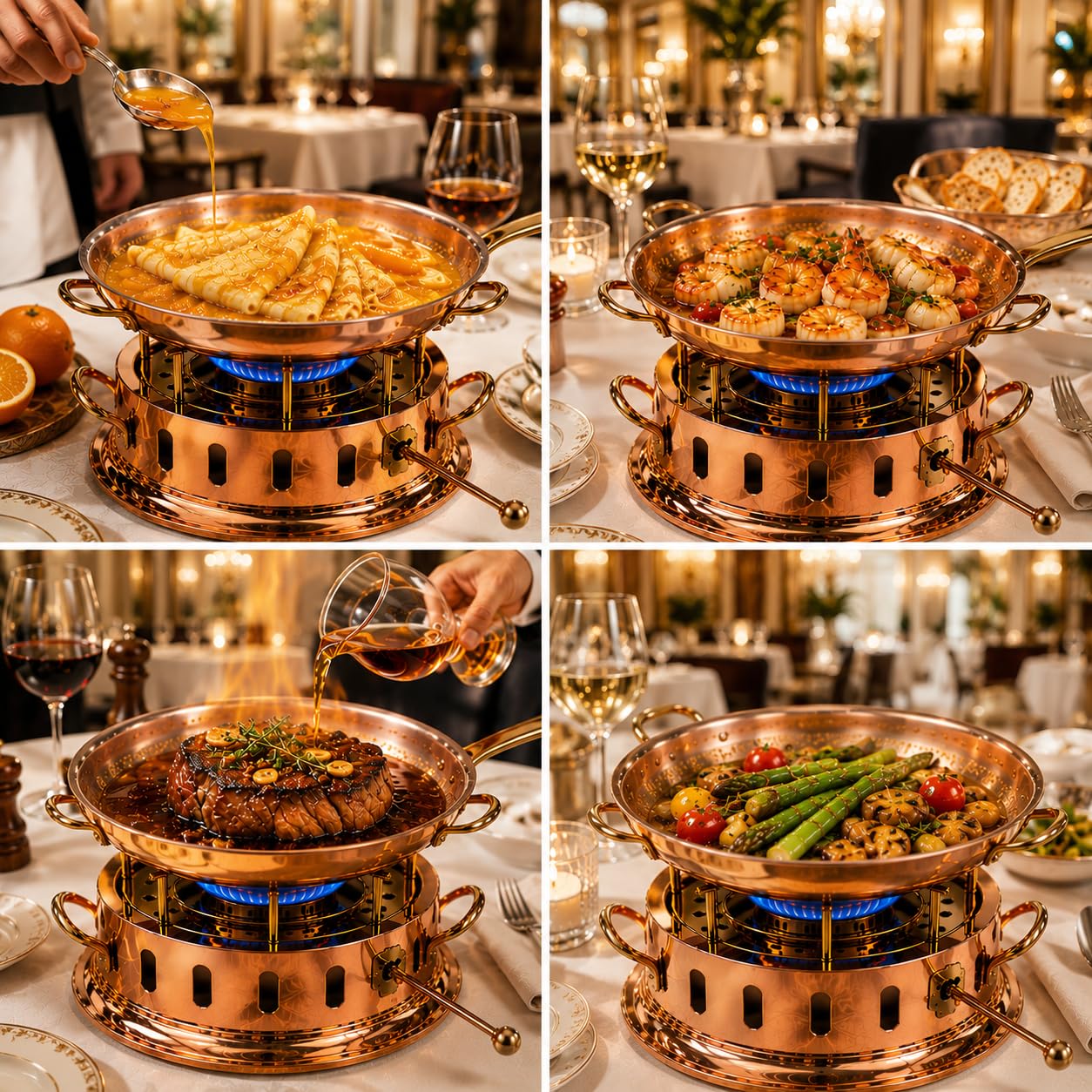 Fornello Flambé a Gel (alcol) in Rame e Ottone Bembo Made in Italy – Réchaud da Tavola Professionale per Flambé, Show Cooking, Ristorazione e Servizio al Tavolo