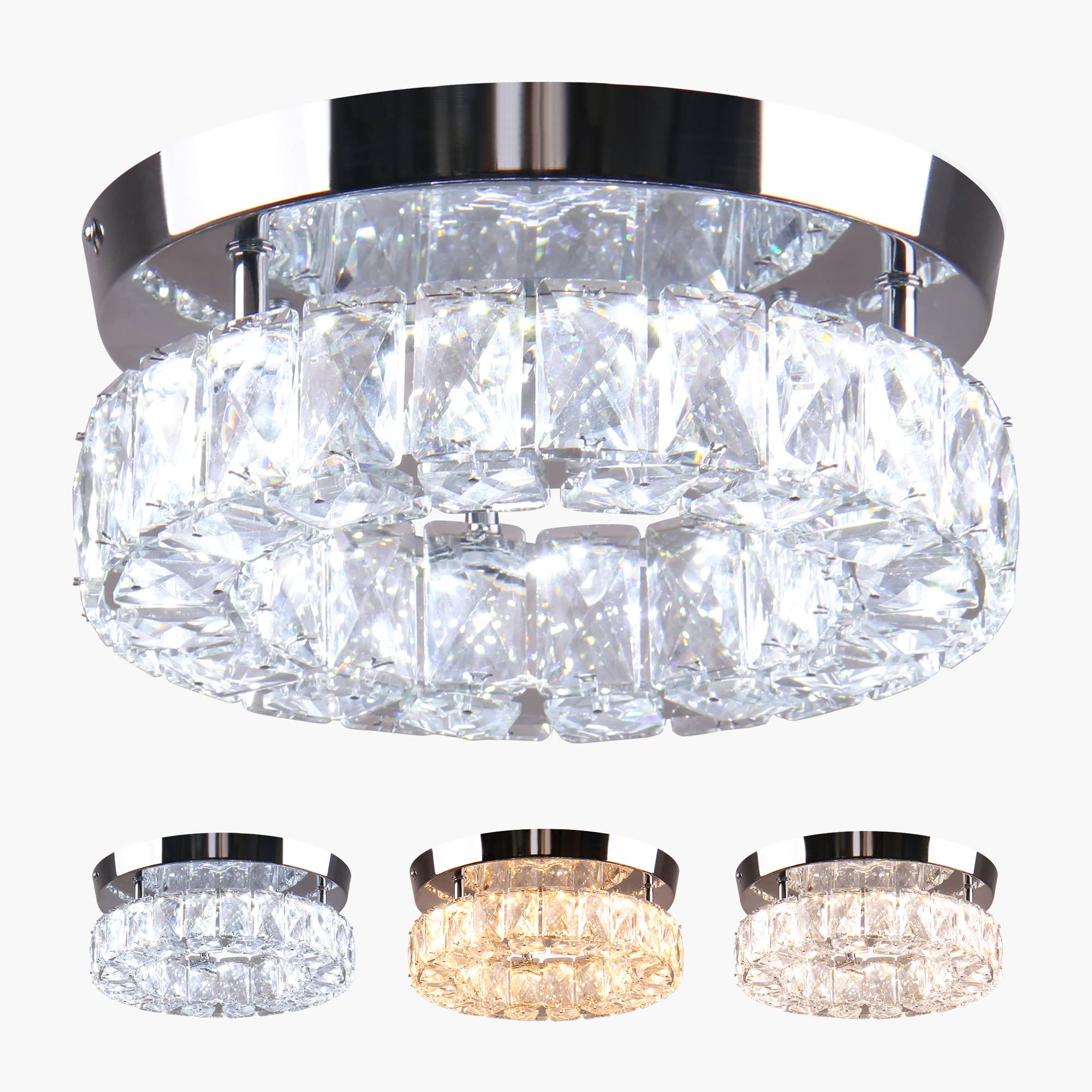 YPQXYHDA Small Crystal Chandeliers Led Crystal Ceiling Light Semi Flush Mount Lamp For Entrance Hall Crystal Hallway Bedroom Light, 9.8",3 Colors Adjustable