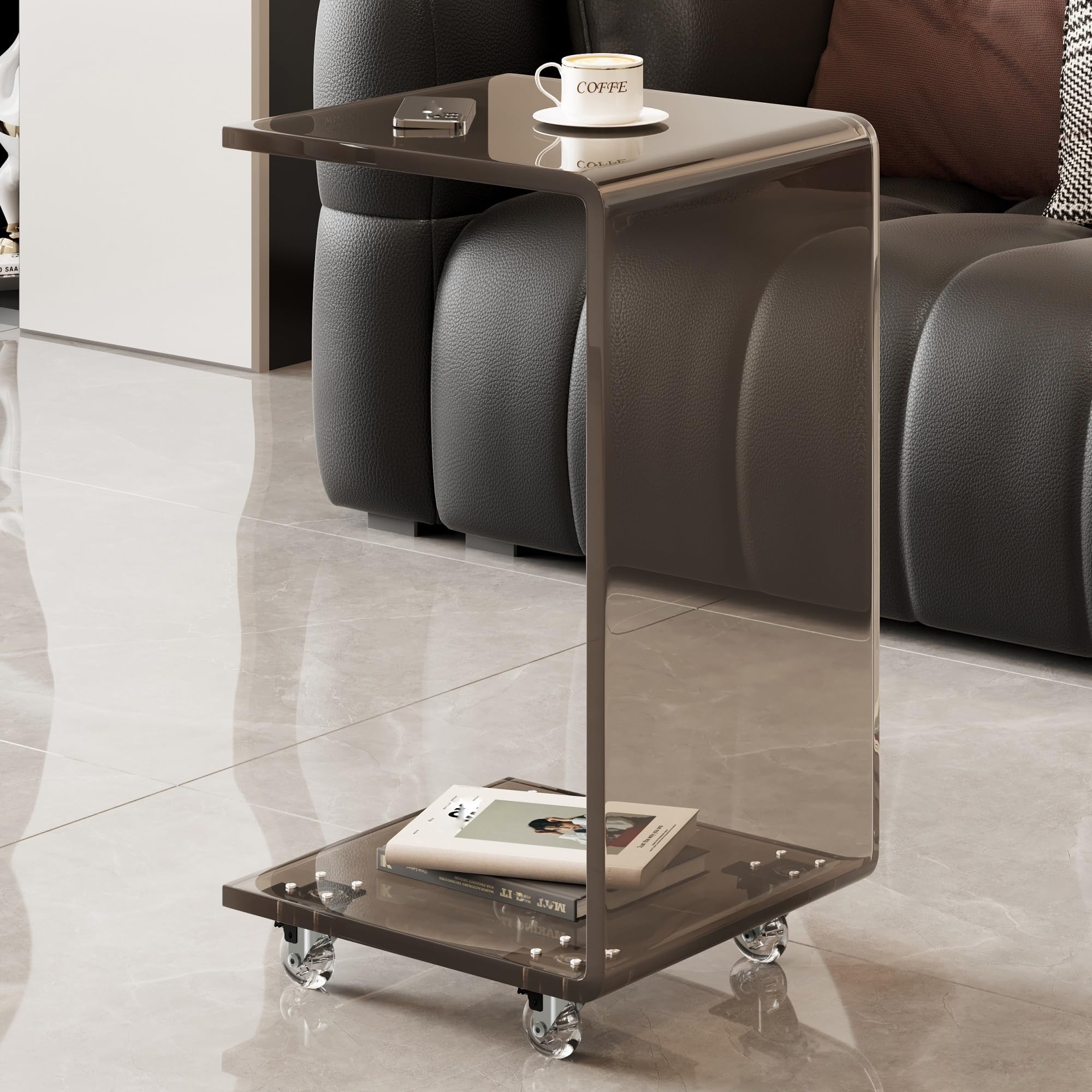 Mesa auxiliar de acrilico con ruedas pequeña mesita de noche gris salon oficina