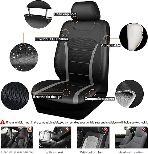 Miniatura 4 de CAR-GRAND - Juego completo de fundas de asiento para auto, de cuero de lujo y malla espaciadora transpirable, ajuste universal, compatible con
