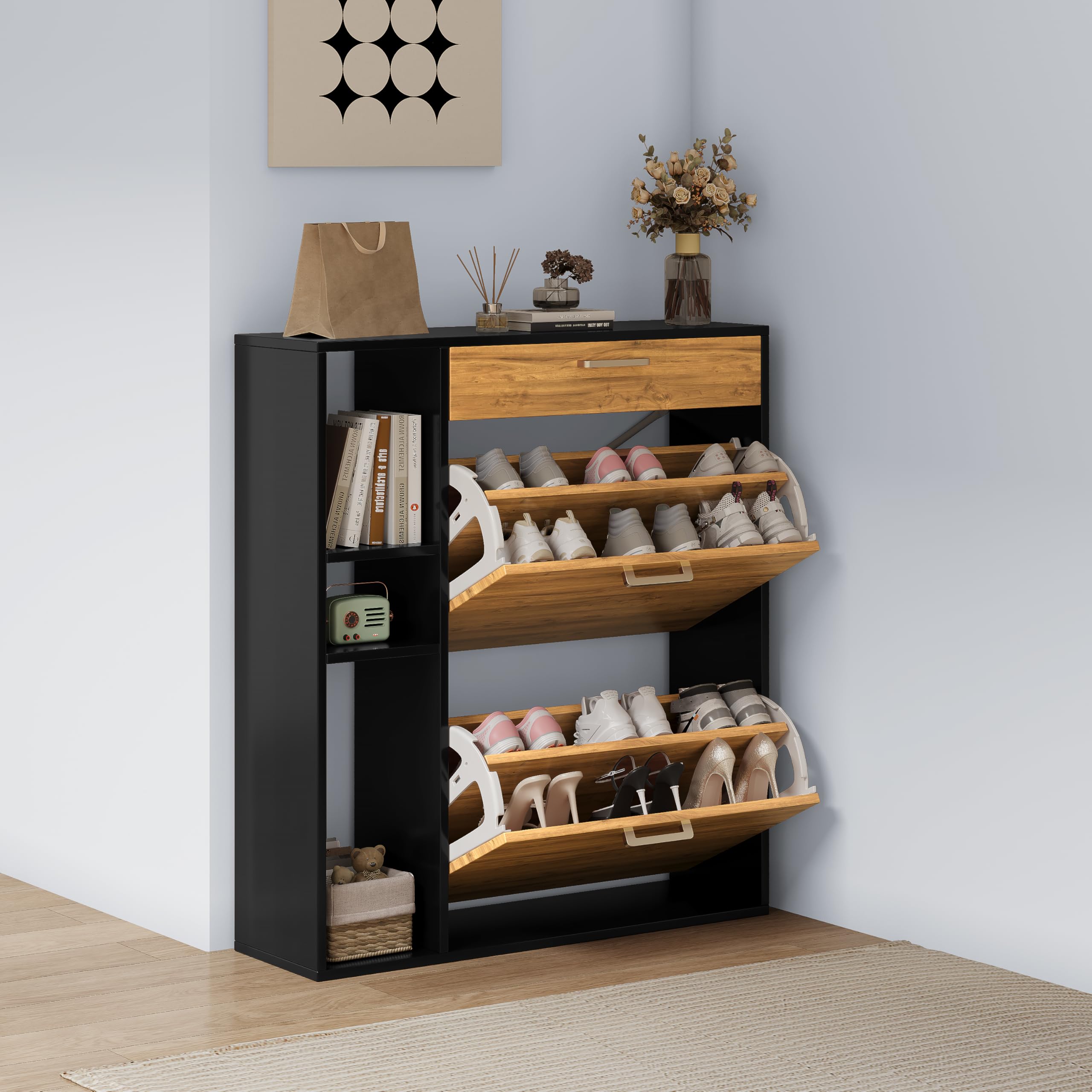 Schuhschrank mit 2 Klappen Schmal Schuhschrank mit 1 Schublade und 3 Ablagefächer platzsparender Schuhregal für 18-24 Paar Schuhe für Eingang Flur, 80x24x90cm Schwarz Orange