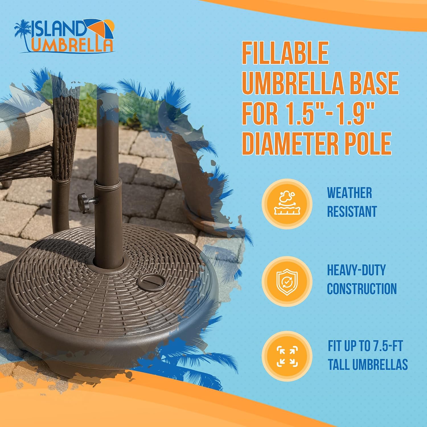 Island Umbrella 7.5' Fillable Patio Umbrella Base – Fits 1.5"–1.9" Pole – Water-Fill Stand for Market & Outdoor Umbrellas - Bronze Wicker Design