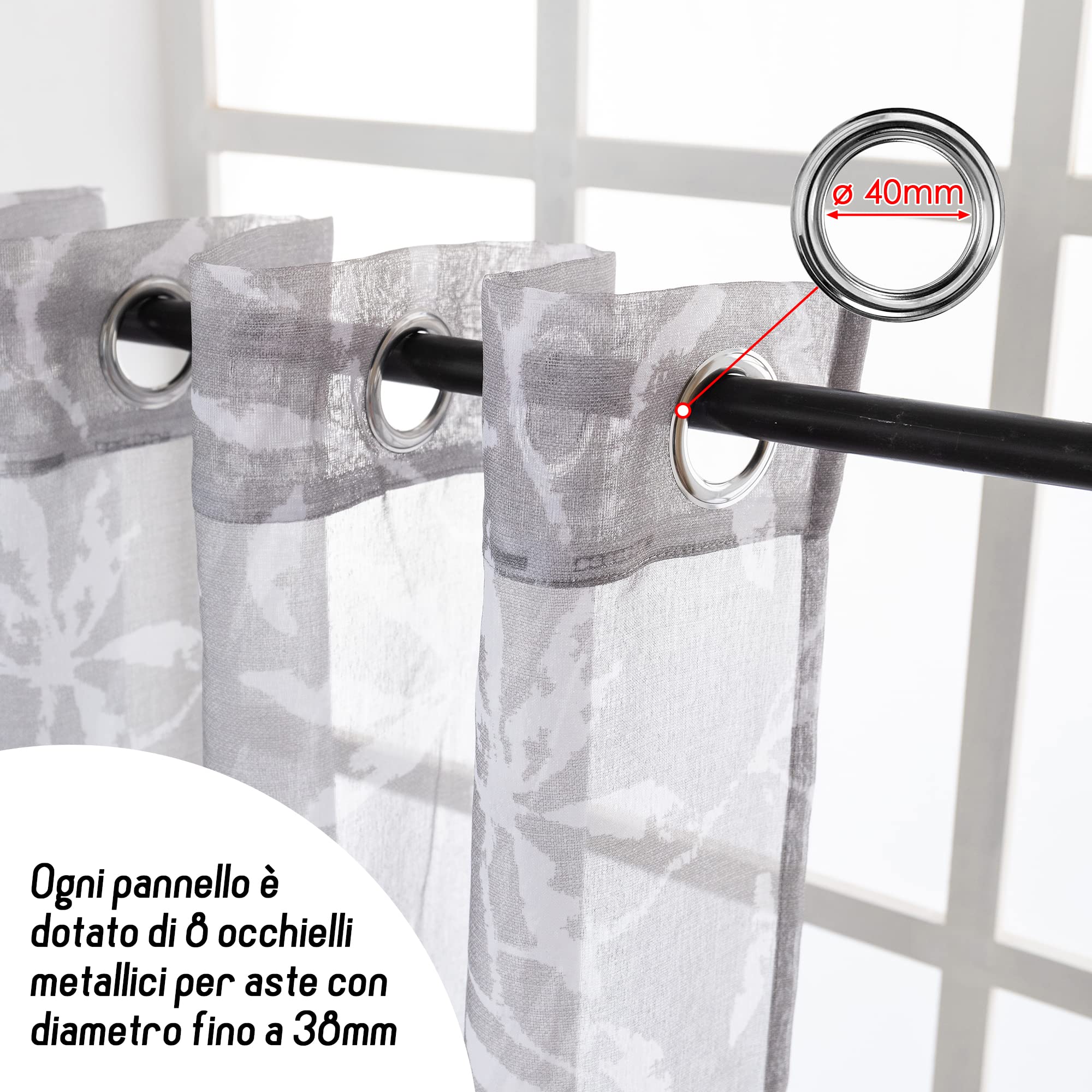 Tende Semi Filtranti Effetto Lino Con Fantasia Magnolia - 2 Pannelli 140x285cm, Occhielli Per Interni - Foto 9