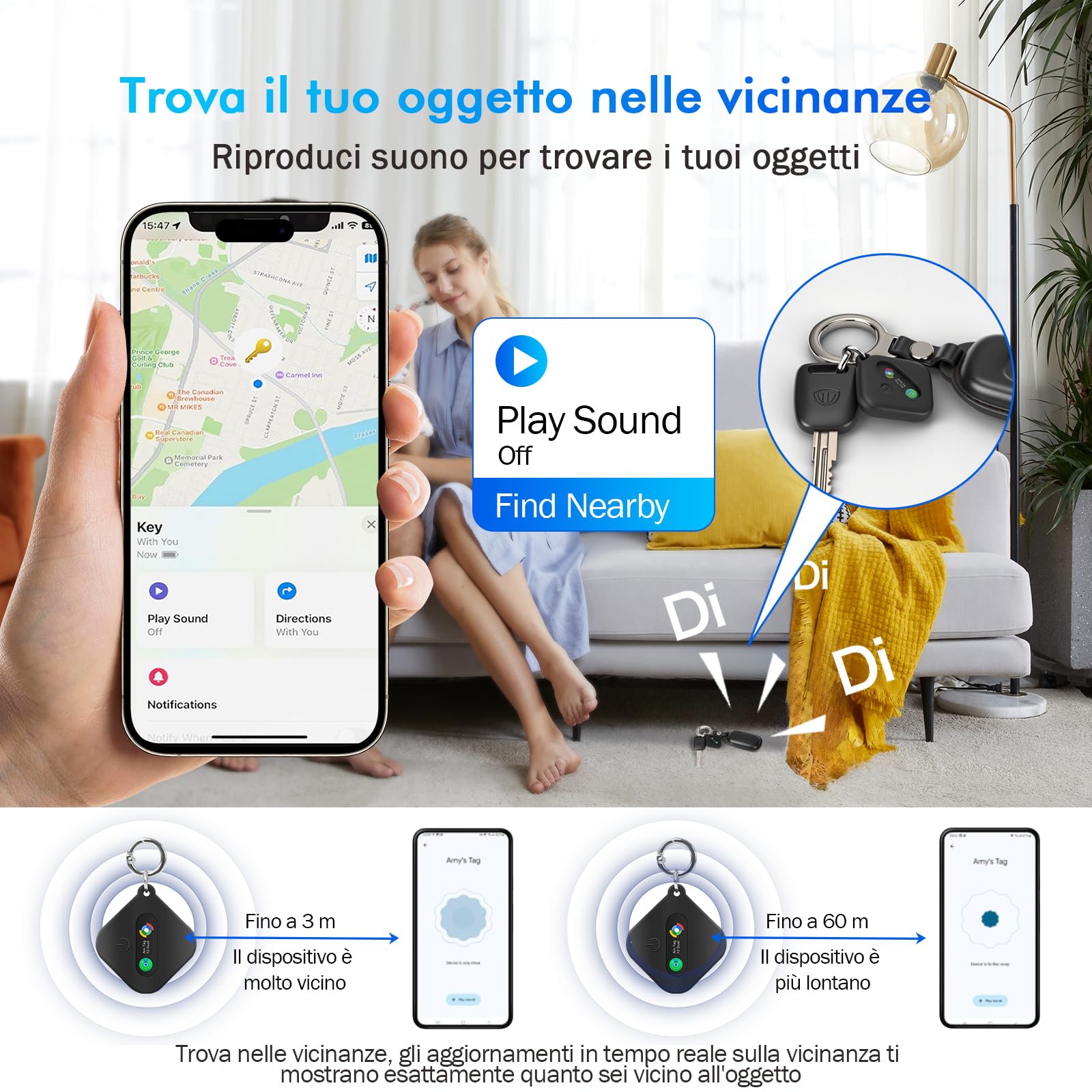 Smart Tag Trova Chiavi Compatibile con iOS Find My APP o Android Find Hub IP67 impermeabile batteria CR2032 sostituibile Bluetooth Tracker Finder per chiavi bagagli/borse/valigia/portafoglio
