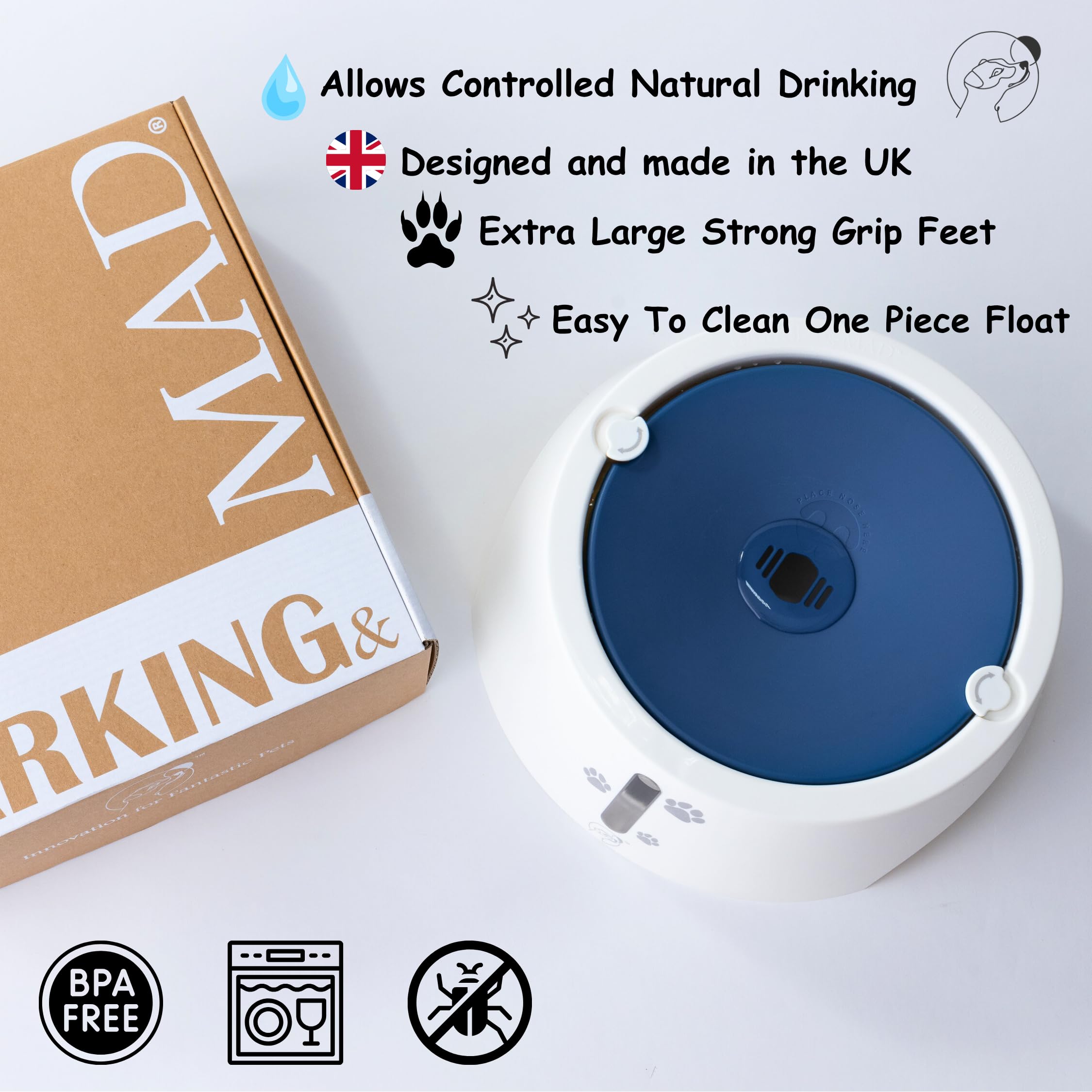 BARKING& MAD Gamelle d'eau anti-déversement pour chien de 2,1 L – Distributeur d'eau à alimentation lente anti-éclaboussures, bols blancs antidérapants et anti-basculement pour grands chiens avec de
