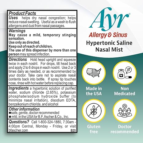 Ayr Allergy & Sinus Hypertonic Saline Nasal Mist, 1.69 Ounce Spray Bottle