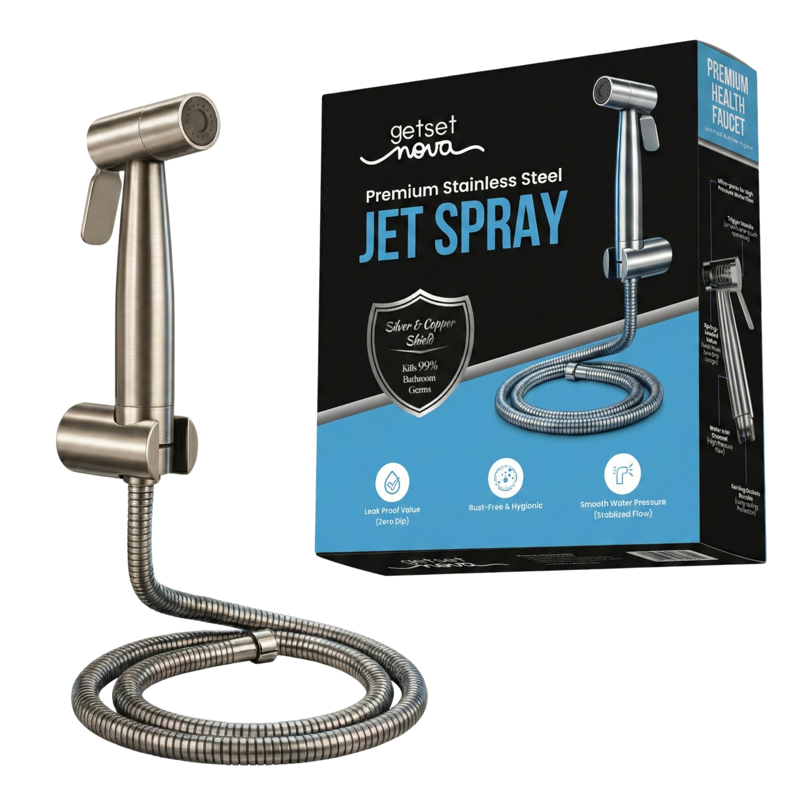 GetSetNova Health Faucet Stainless Steel Jet Spray Gun for Toilet | Silver & Copper Ion Shield Kills 99% Germs | Leak-Proof Bathroom with 1.5 mtr Hose 1 Year Warranty (Jet Spay with Pipe)