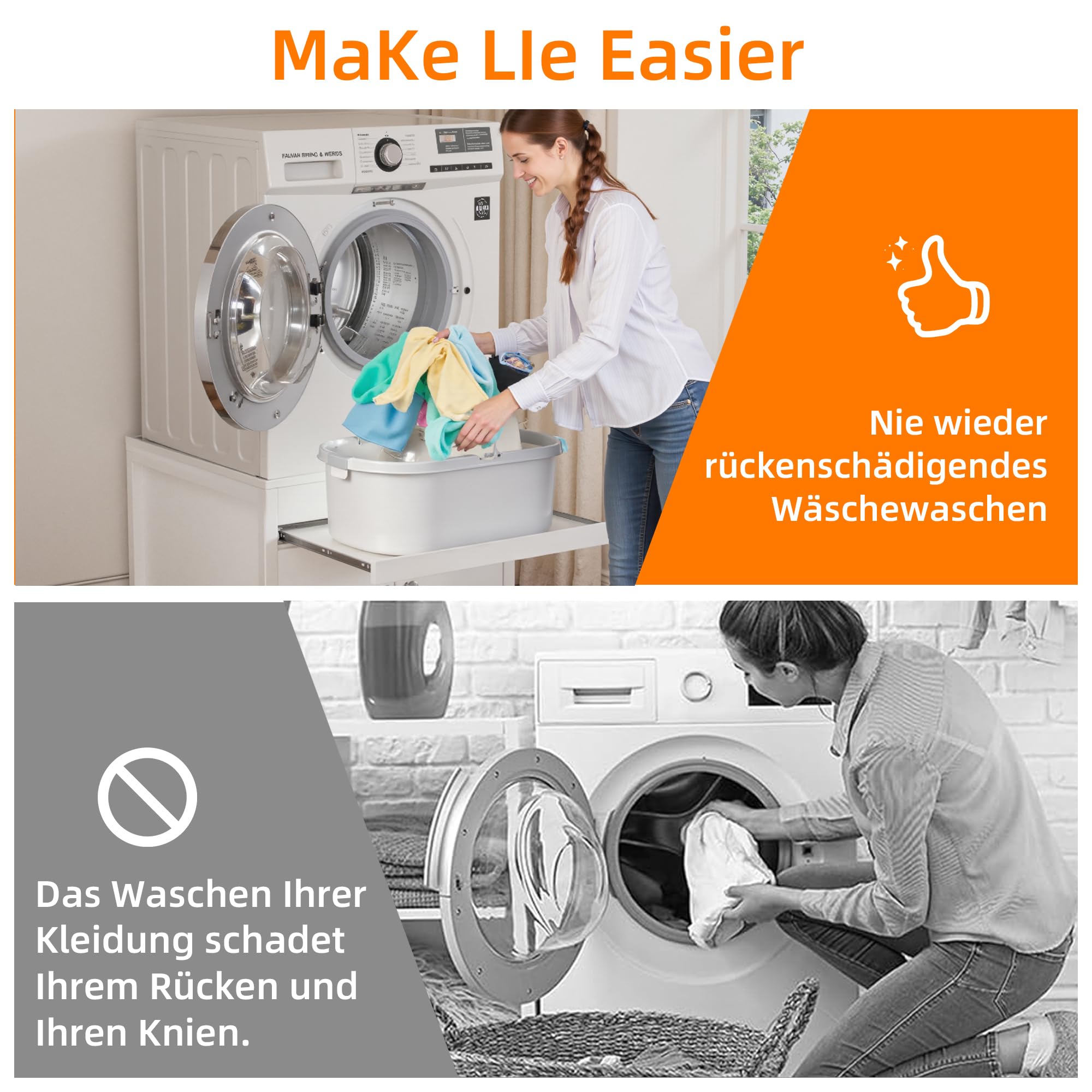 Waschmaschinenuntergestelle,Hochbelastbarer Untergestell für Waschmaschine und Trockner mit Ausziehregal&Verstecktem Stauraum,Ablaufwanne,Schlauch,Aus Robustem Metall&MDF,700 lbs Tragkraft,63*54*50cm