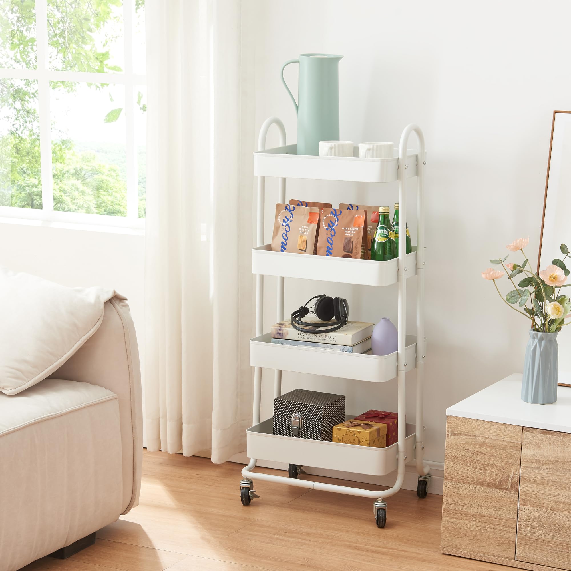 [en.casa] Carro de Servicio con 4 Cestas Estantería de Baño con 4 Ruedas Carrito de Cocina Multiusos Versátil Resistente Acero 104 x 46 x 35 cm - Blanco Mate