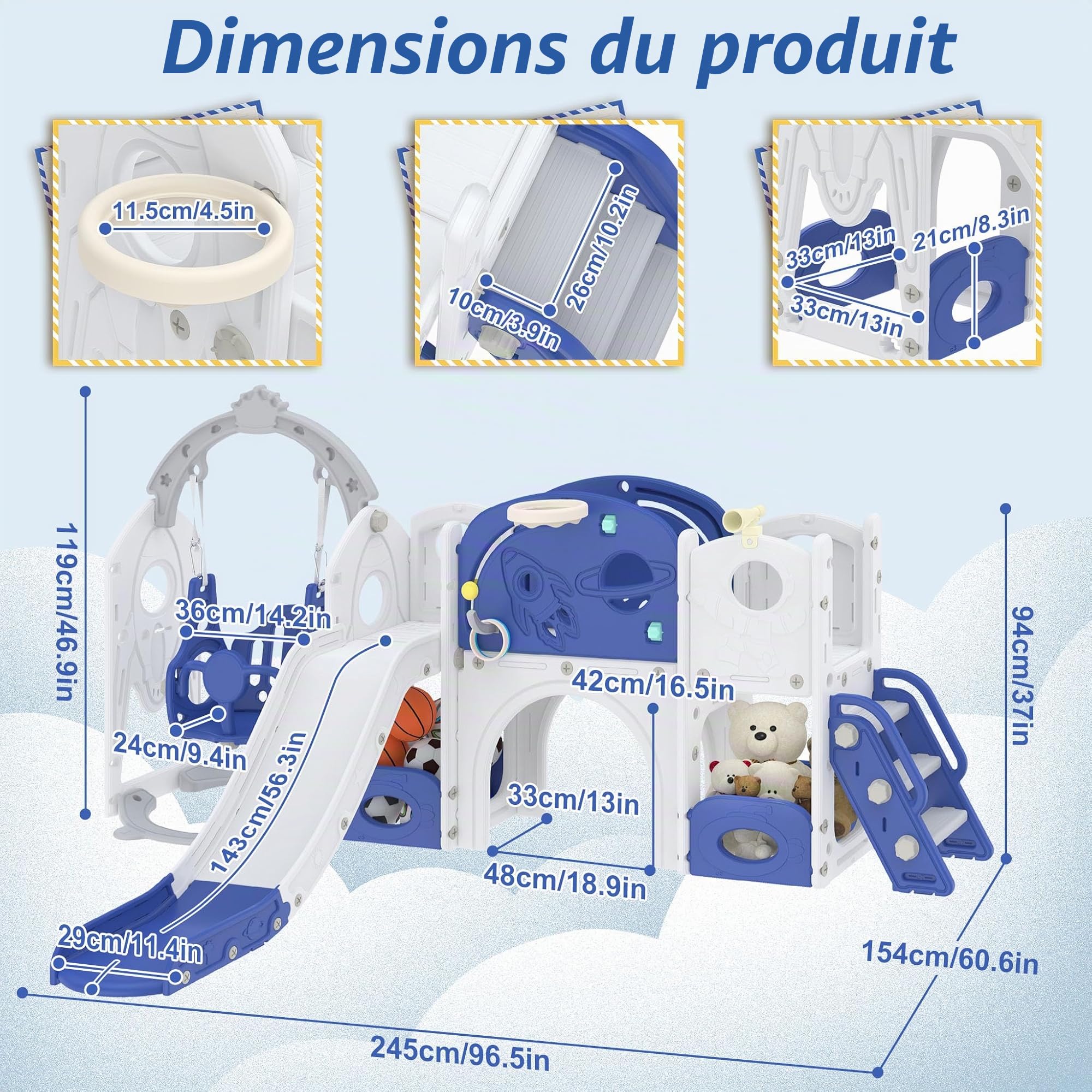 Froadp Toboggan 9 en 1 pour enfants à partir de 1 an, pour l'intérieur et l'extérieur, toboggan autoportant, en polyéthylène haute densité et polypropylène, avec balançoire, échelle d'escalade, tunnel