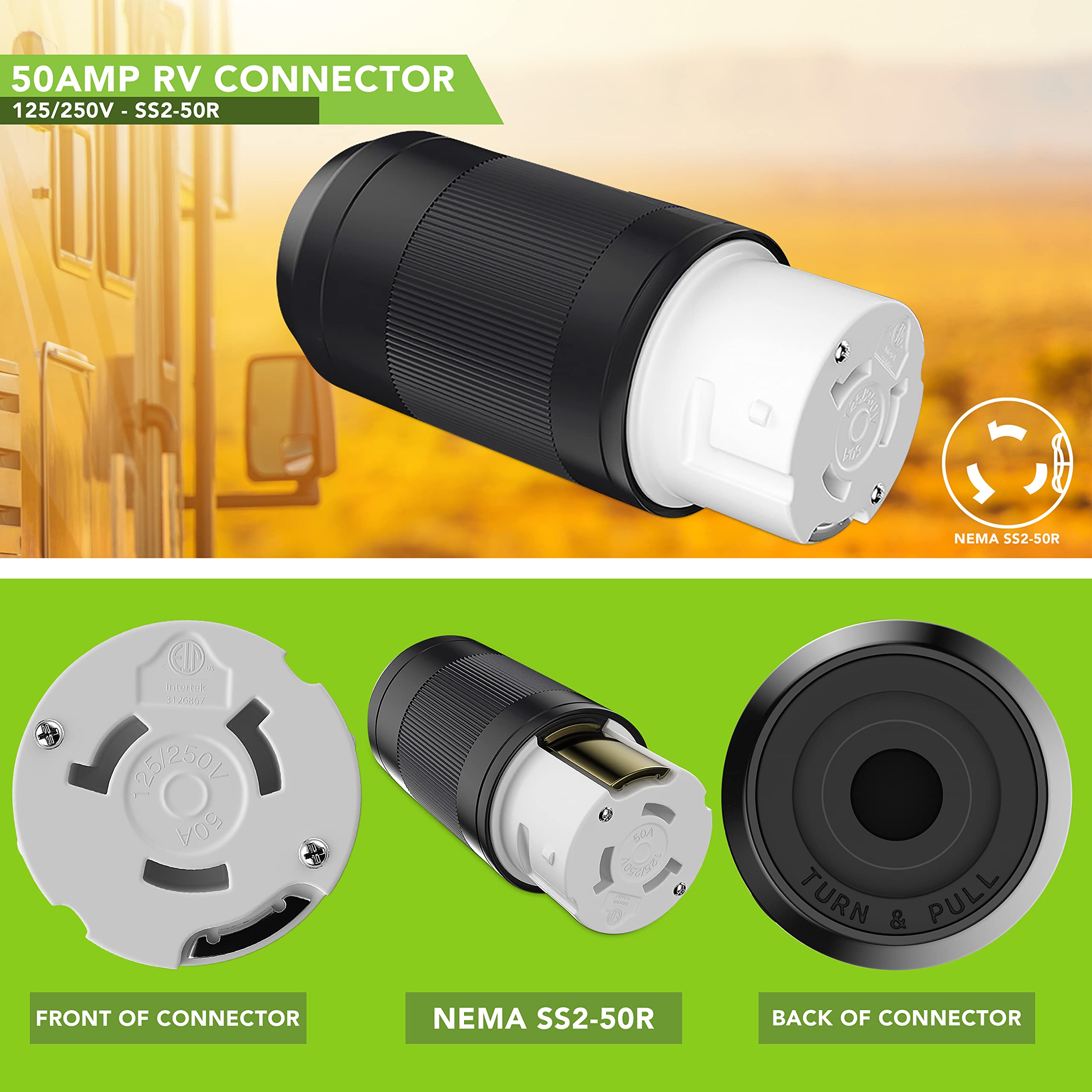 Spina Elettrica 50 AMP Per Camper/RV Con Coperchio AYNEFY – Connettore A Blocco Per Rimorchi E Barche