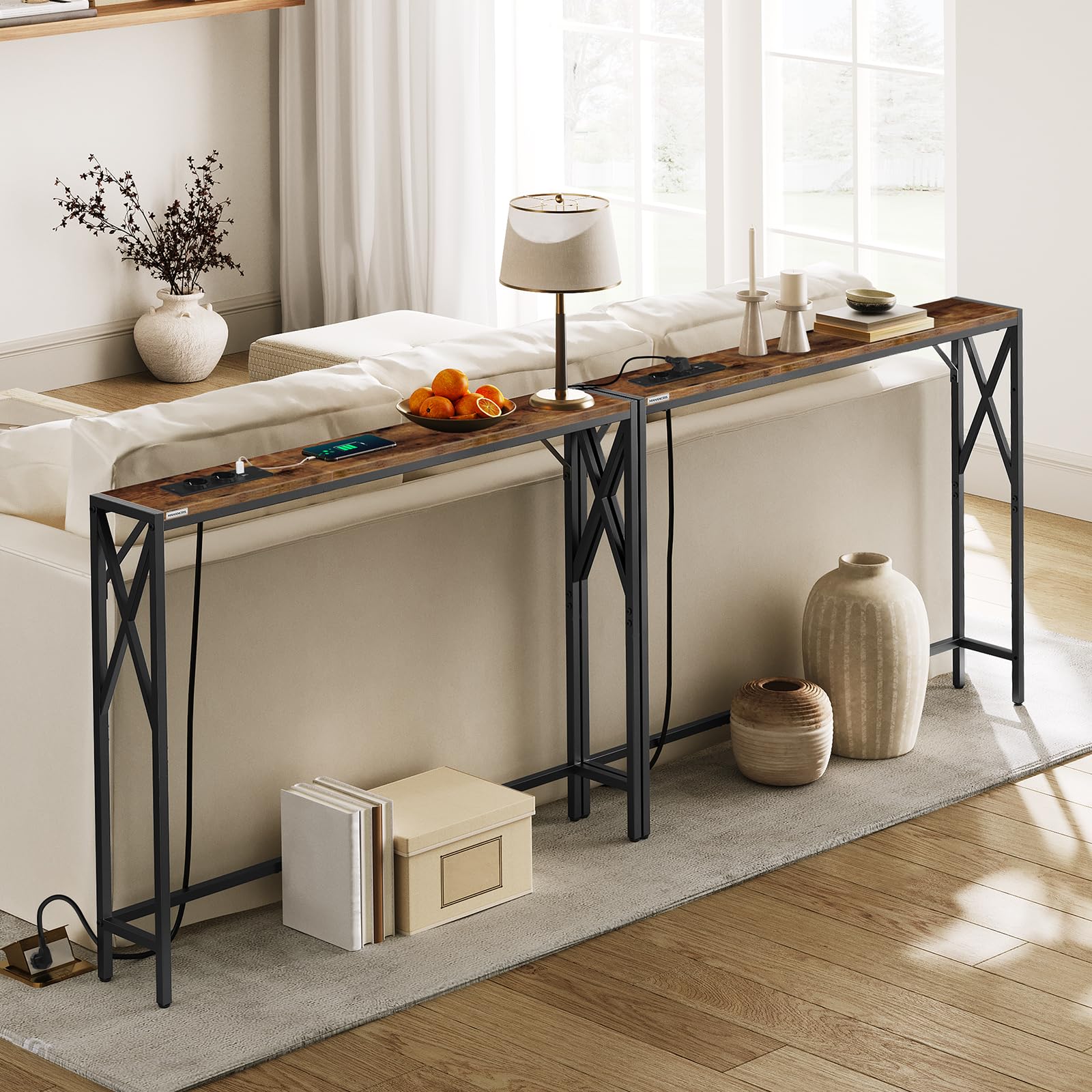 MAHANCRIS Bouts de Canapé avec Station de Charge, Lot de 2, Tables d’Entrée, Tables de Rangement pour Couloir, Bouts de Canapé de Style Vintage, pour Entrée, Hall, Marron et Noir ACTHR151UE01S2V