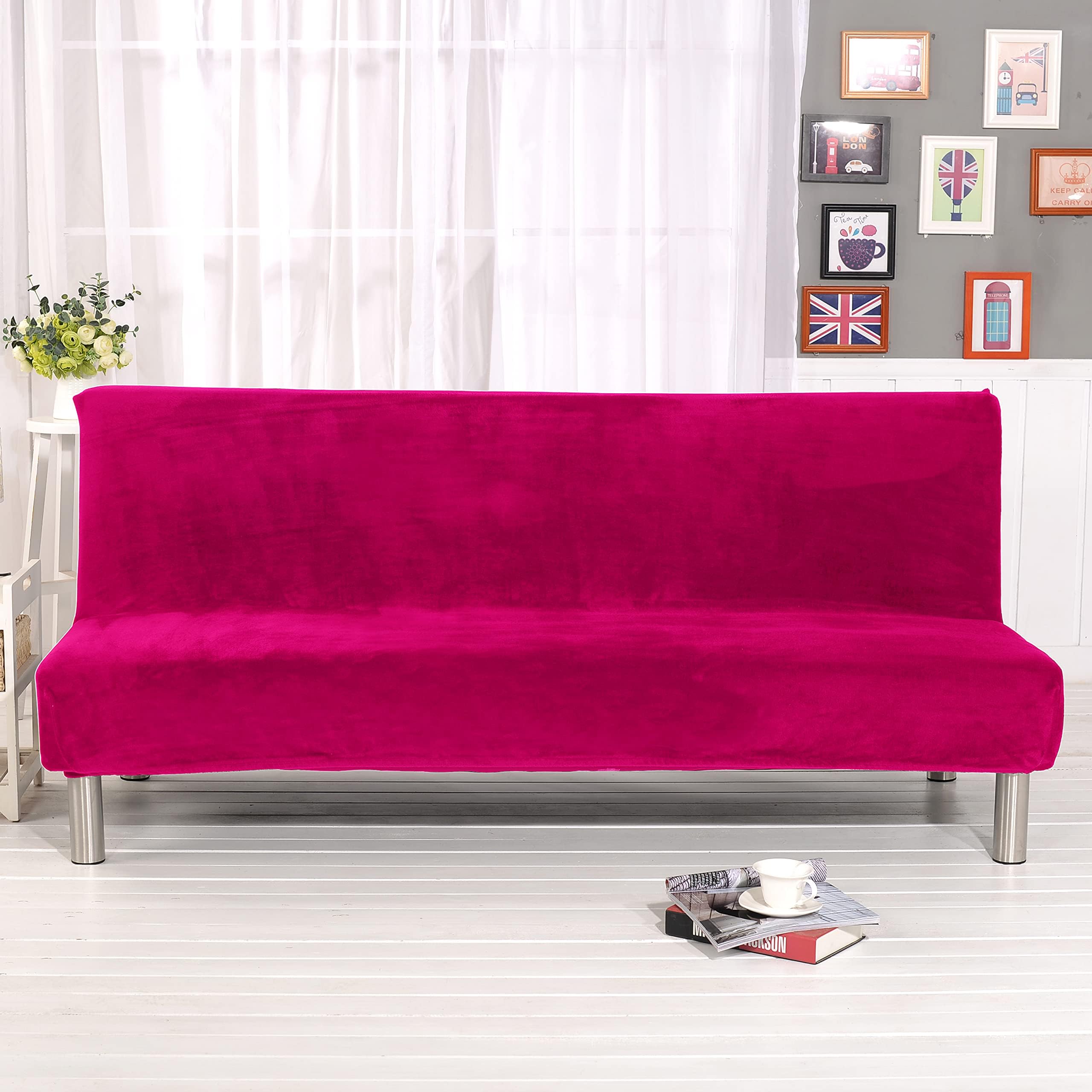 Velvet Futon Slipcover Stretch Armless Sofa Bed Cover Pink Anti-Slip Protector for Couch Cover Without Armrests Home Decorative Furniture Protector, Rose Red